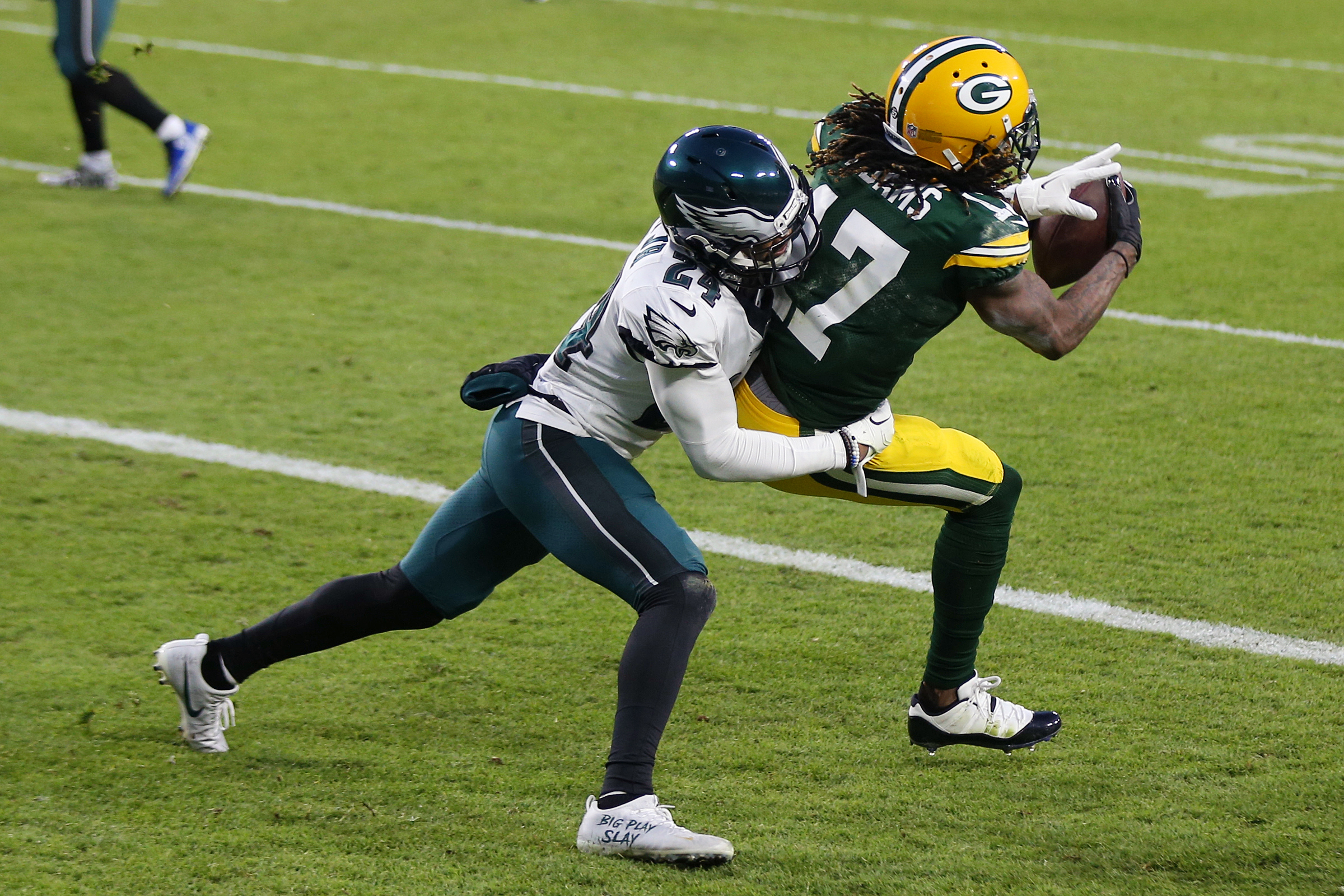 November 14, 2021: Green Bay Packers wide receiver Davante Adams (17) runs  after the catch during the NFL football game between the Seattle Seahawks  and the Green Bay Packers at Lambeau Field