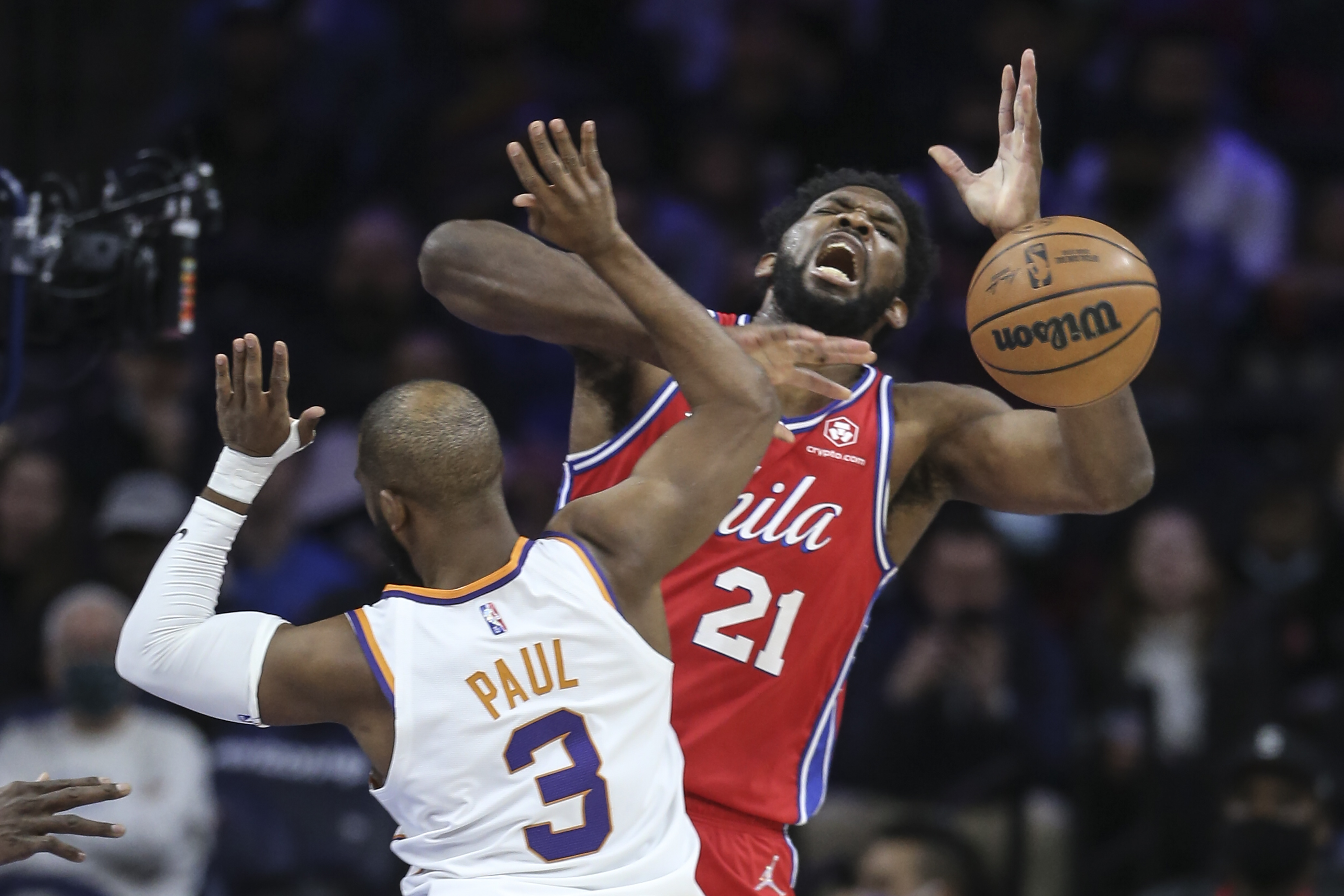 Joel Embiid Red Philadelphia 76ers Game-Used #21 Statement Jersey Worn  During the First Quarter of the Game vs. Phoenix Suns on February 8 2022