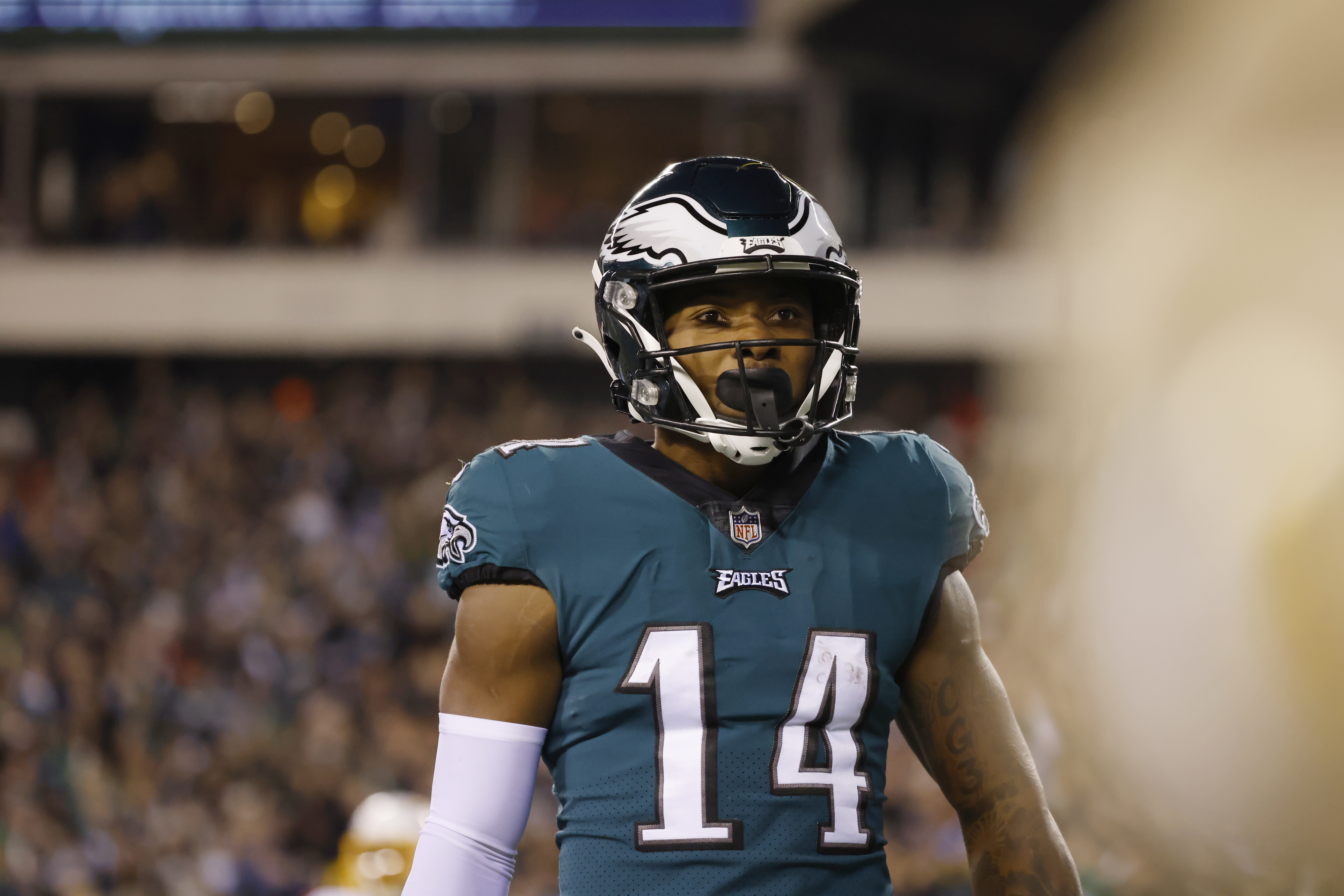 Philadelphia Eagles running back Kenneth Gainwell (14) walks off the field  after an NFL football game against the New York Giants, Sunday, Nov. 28,  2021, in East Rutherford, N.J. (AP Photo/Adam Hunger