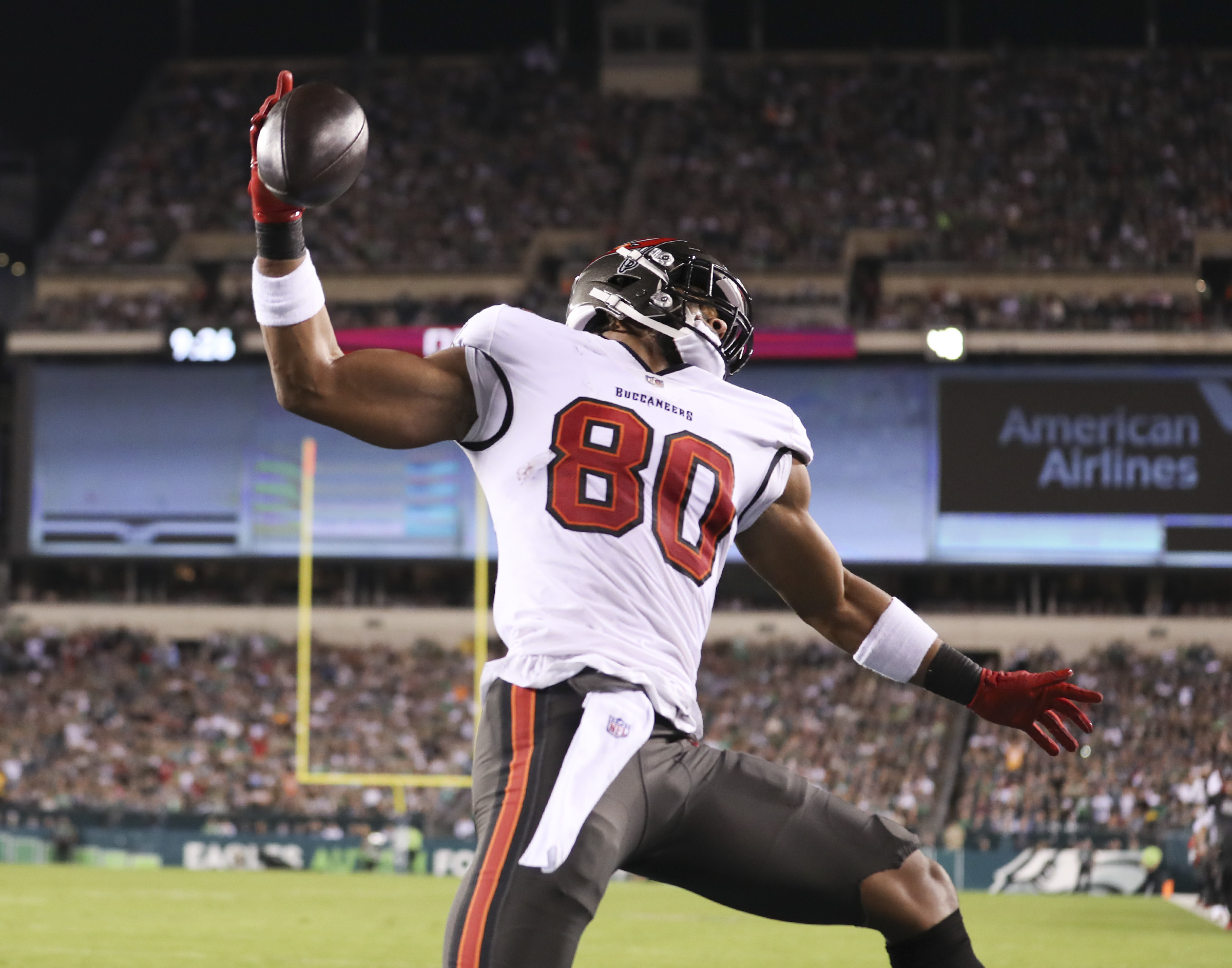 October 14, 2021: Tampa Bay Buccaneers tight end O.J. Howard (80) looks on  following his touchdown during the NFL game between the Tampa Bay Buccaneers  and the Philadelphia Eagles at Lincoln Financial