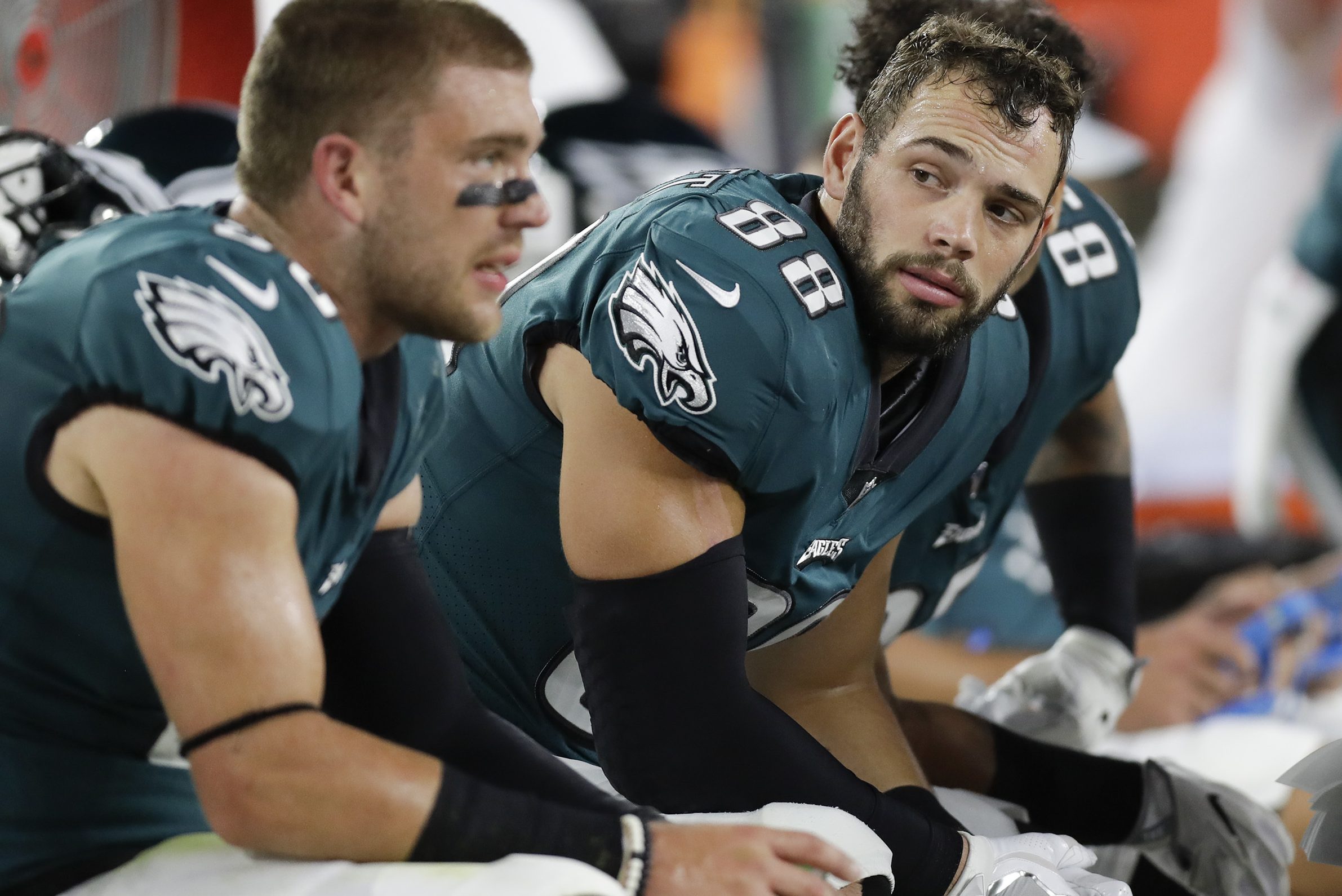 Philadelphia Eagles tight end Dallas Goedert (88) has his jersey ripped  during the second half of an NFL football game against the Los Angeles  Chargers on Sunday, Nov. 7, 2021, in Philadelphia. (