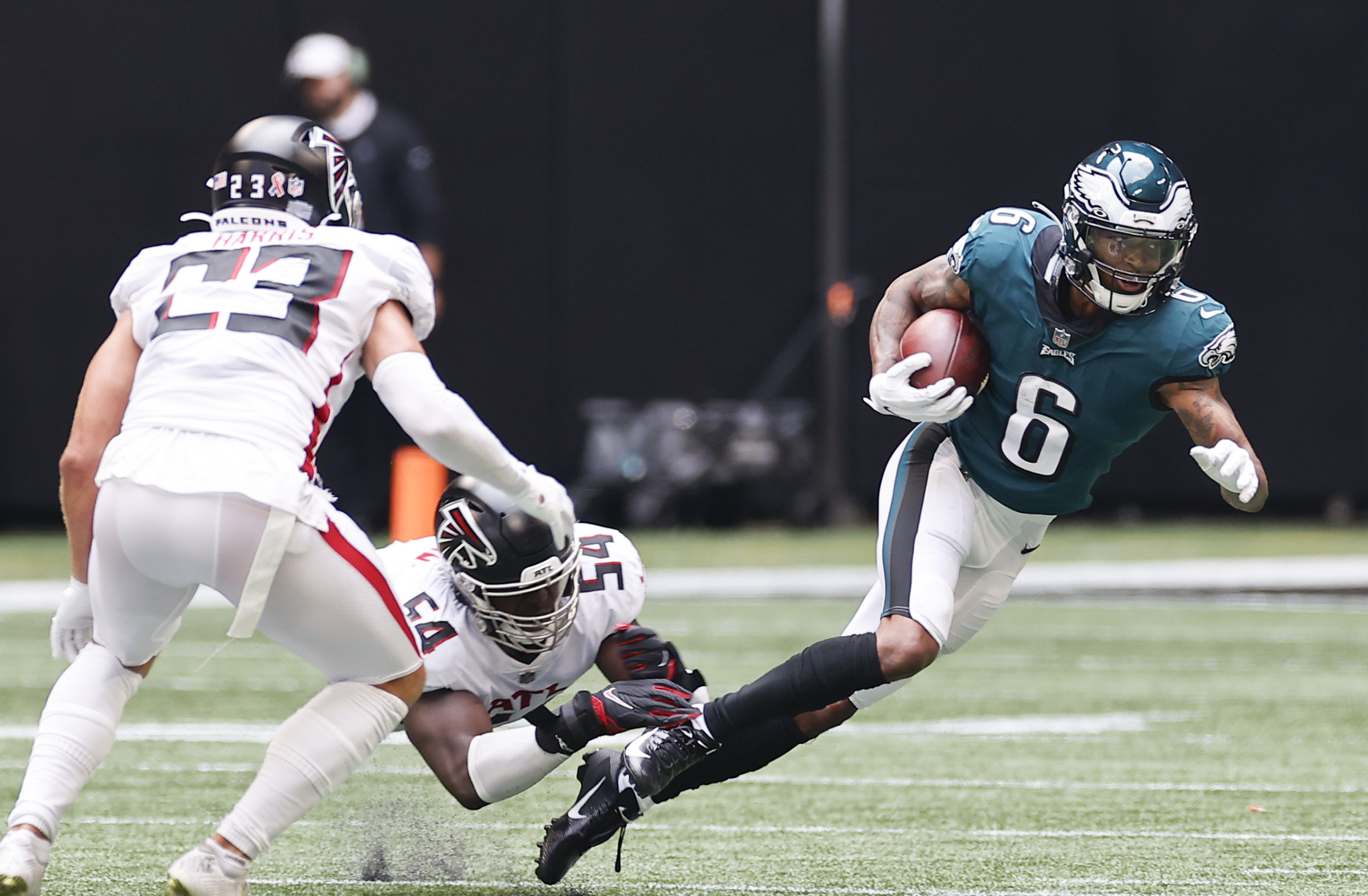 Philadelphia Eagles safety RODNEY McLEOD sacks Atlanta Falcons QB MATT RYAN