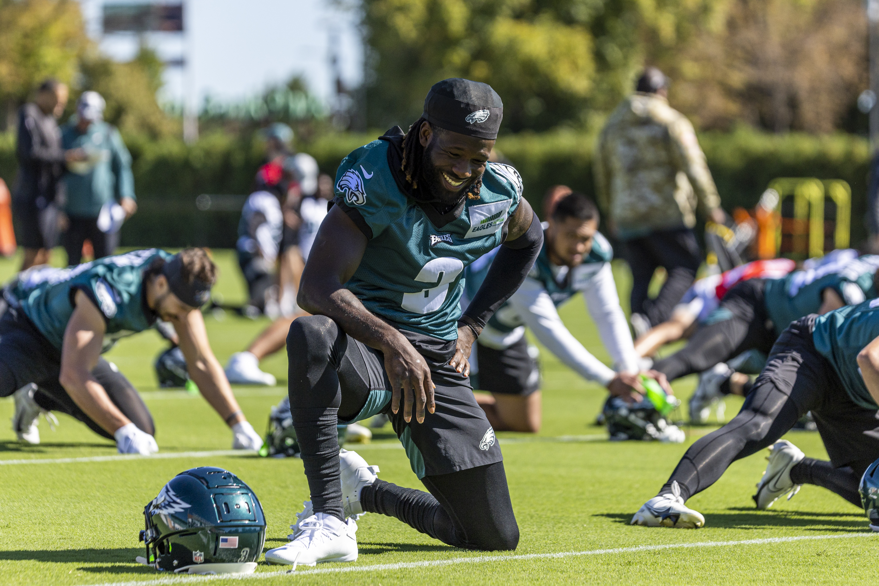 LANDOVER, MD - SEPTEMBER 25: Philadelphia Eagles wide receiver Zach Pascal  (3) warms up during the game between the Philadelphia Eagles and the  Washington Commanders on September 25, 2022 at Fedex Field