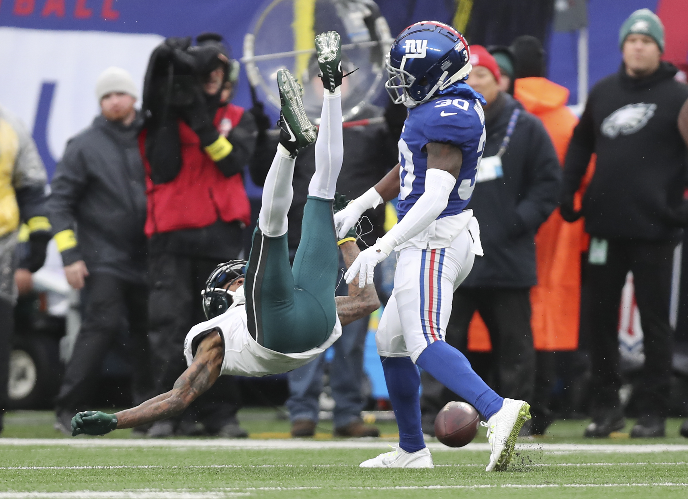 Philadelphia Eagles running back Miles Sanders (26) reacts after a  touchdown against the New York Giants during an NFL football game Sunday,  Dec. 11, 2022, in East Rutherford, N.J. (AP Photo/Adam Hunger