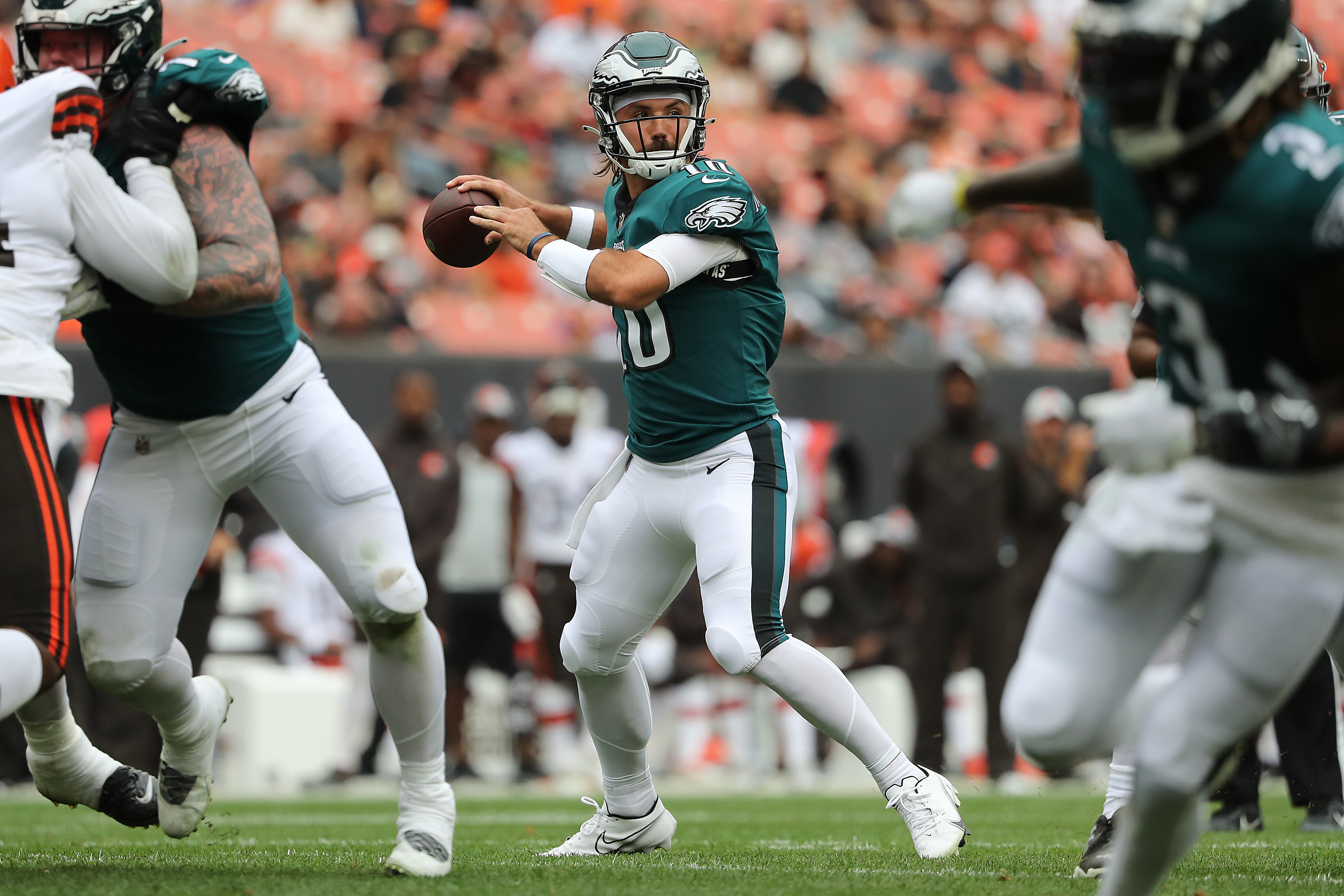 Philadelphia Eagles center Cam Jurgens (51) stands on the sideline during  an NFL preseason football game against the Cleveland Browns, Sunday, Aug.  21, 2022, in Cleveland. (AP Photo/Kirk Irwin Stock Photo - Alamy