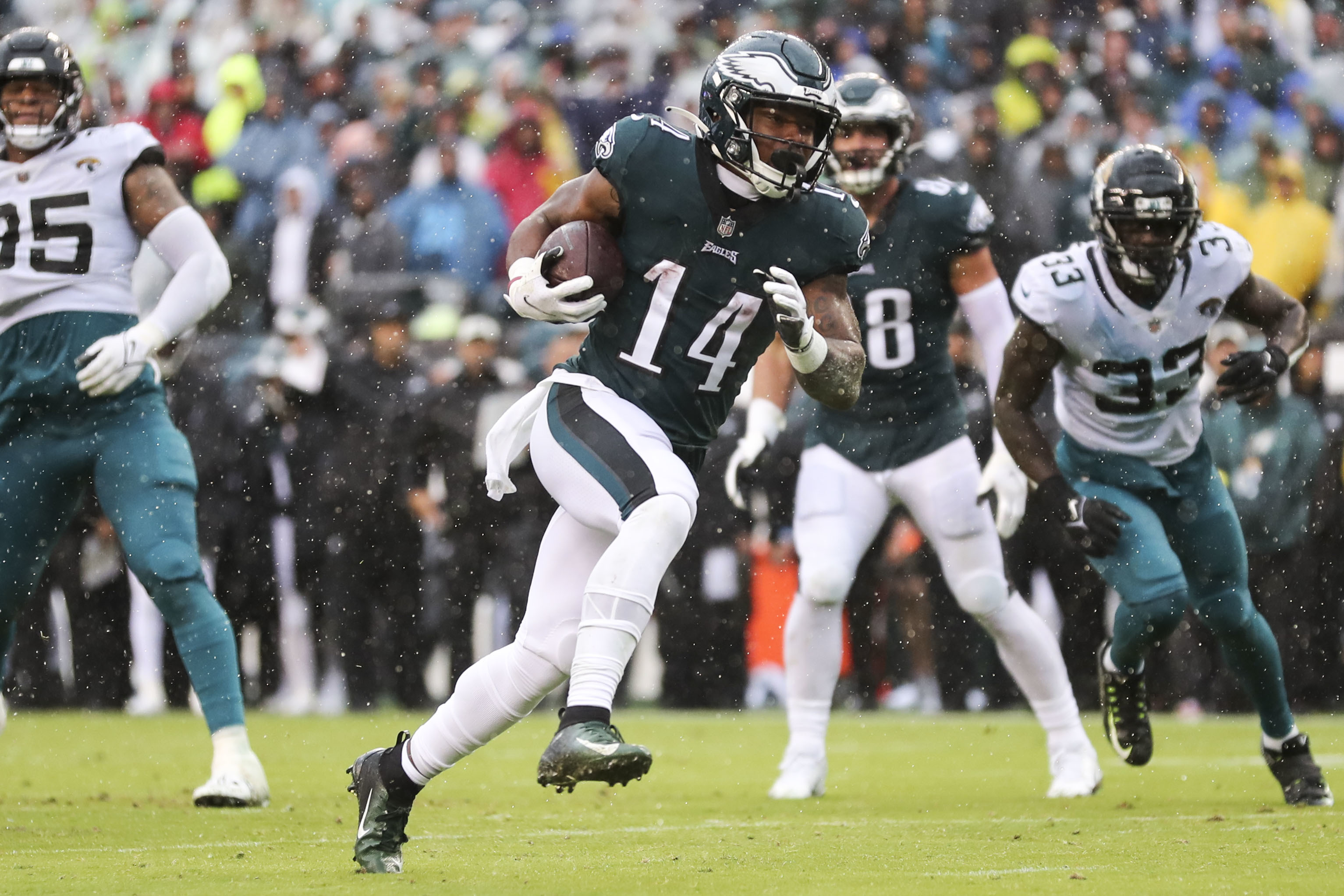 Philadelphia Eagles running back Kenneth Gainwell (14) reacts to the  touchdown during the NFL football game against the Jacksonville Jaguars,  Sunday, Oct. 2, 2022, in Philadelphia. (AP Photo/Chris Szagola Stock Photo  - Alamy