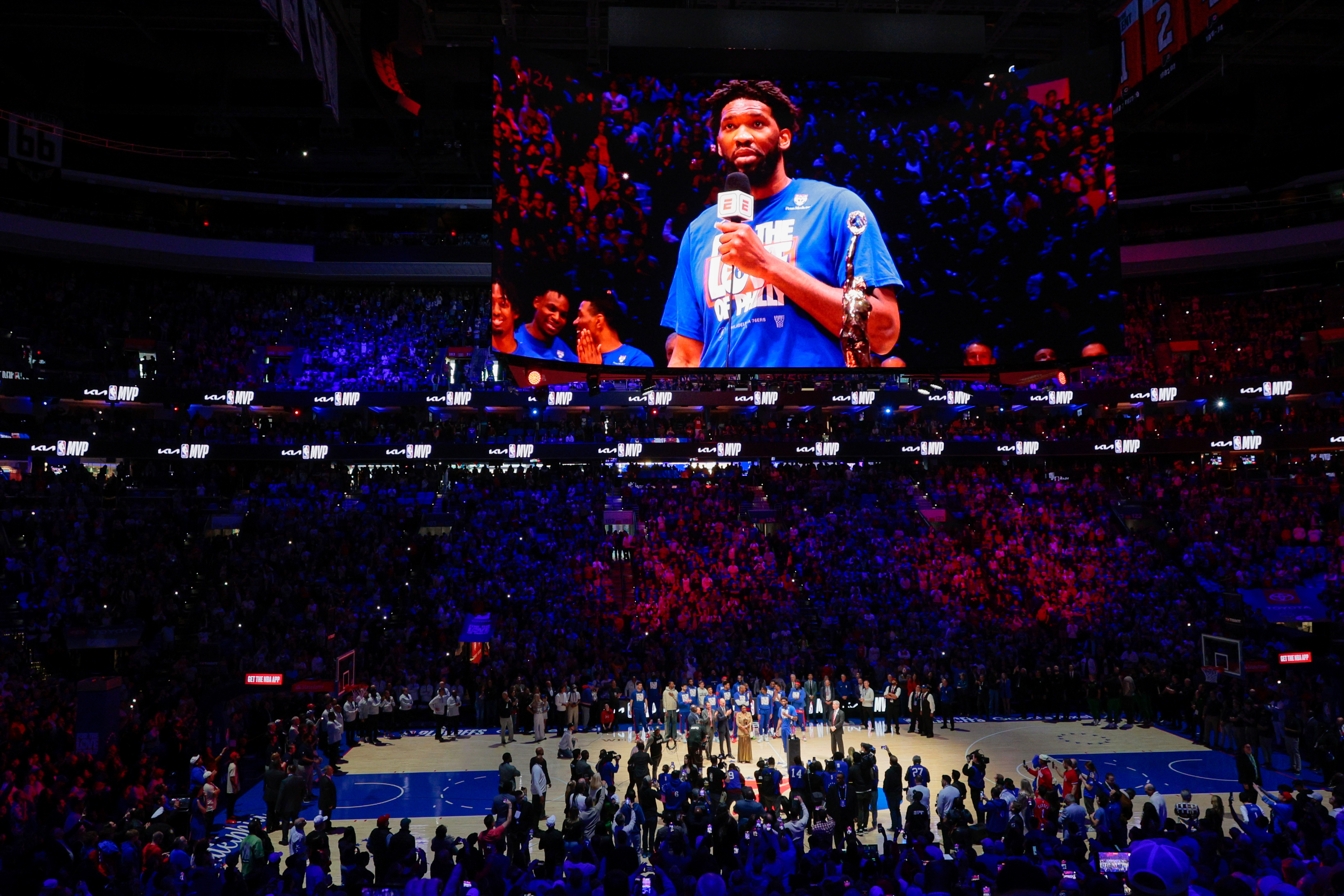 Joel Embiid accepts MVP trophy in front of Sixers fans at the Wells Fargo  Center