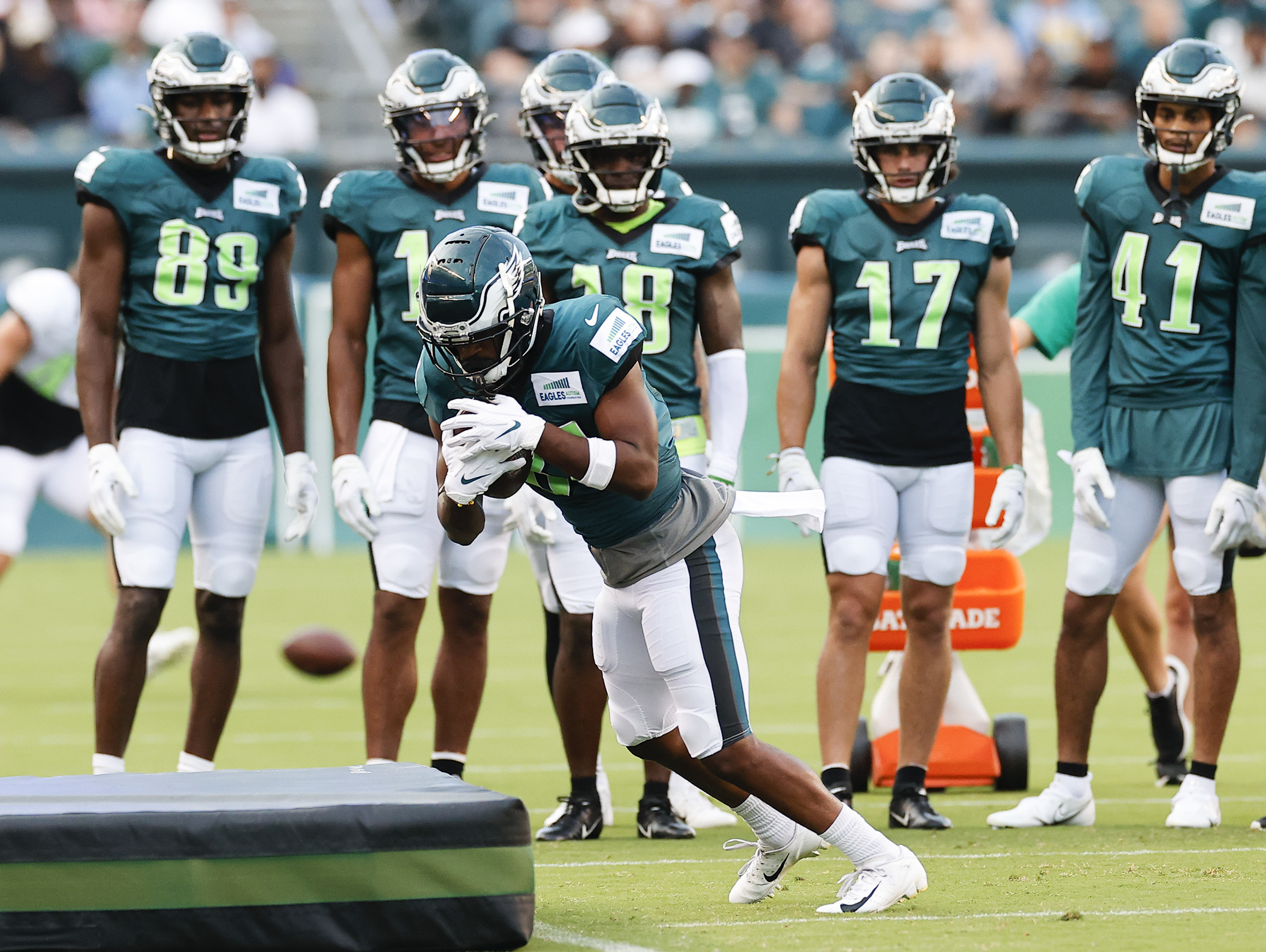 Philadelphia Eagles' Quez Watkins warms up before an NFL