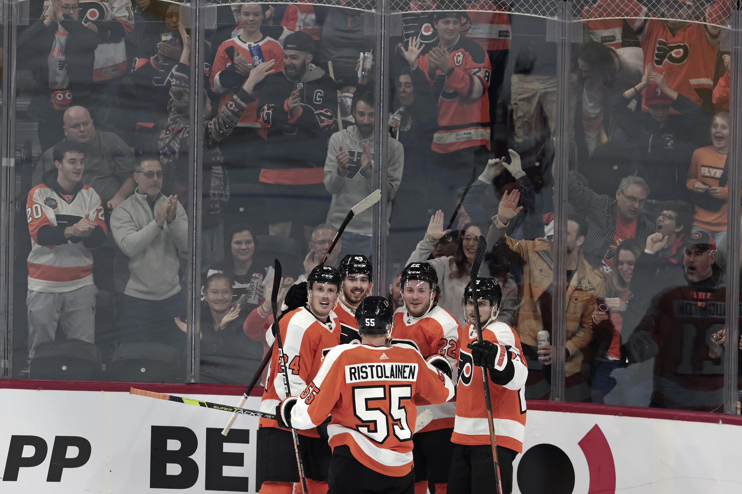 Philadelphia Flyers' Nicolas Deslauriers, right, and Brendan Lemieux  celebrate after a goal by Deslauriers during the second period of an NHL  hockey game against the Detroit Red Wings, Sunday, March 5, 2023