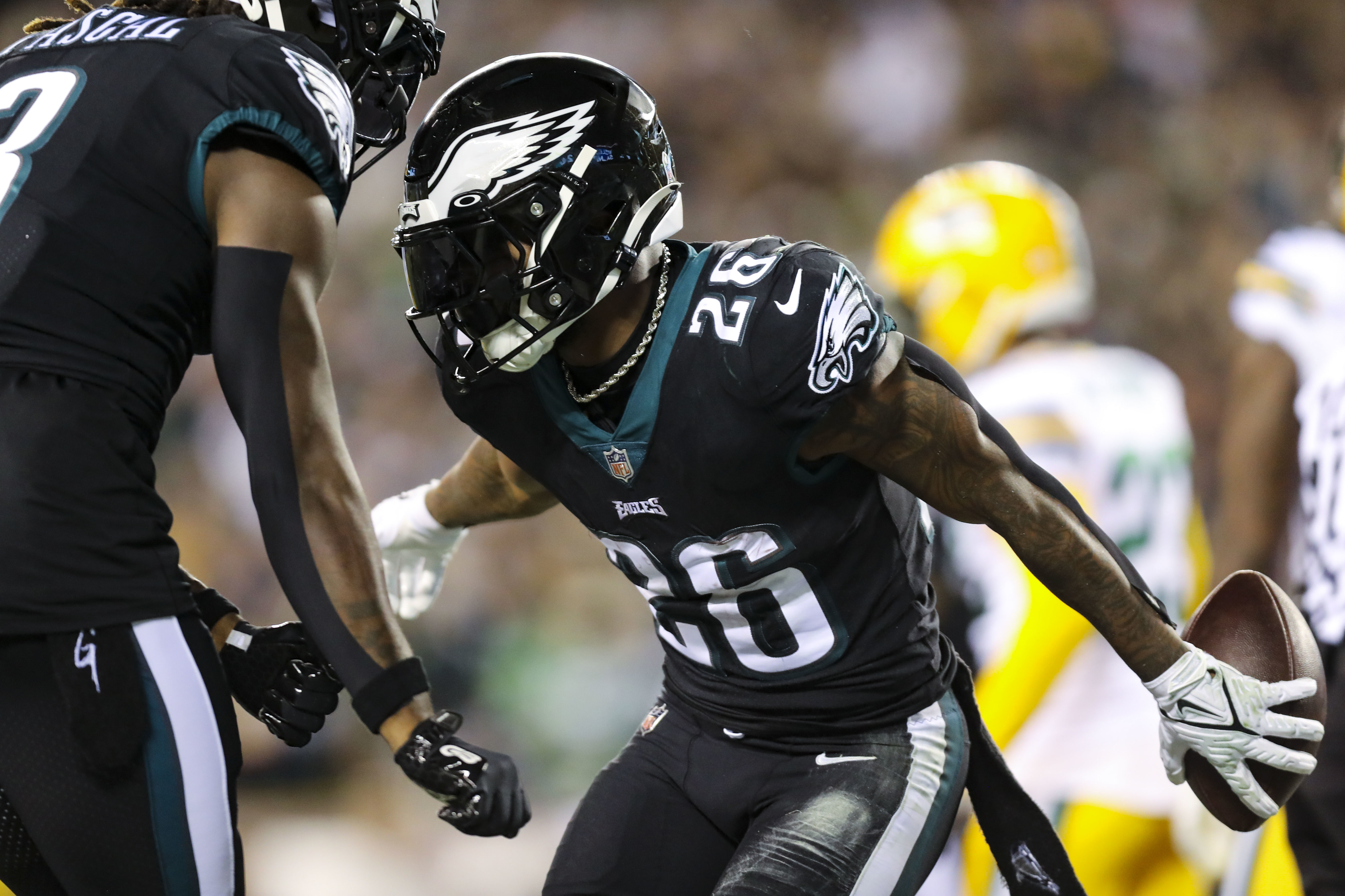 Philadelphia Eagles running back Miles Sanders (26) in action against  tGreen Bay Packers linebacker Preston Smith (91) during an NFL football  game, Sunday, Nov. 27, 2022, in Philadelphia. (AP Photo/Rich Schultz Stock  Photo - Alamy