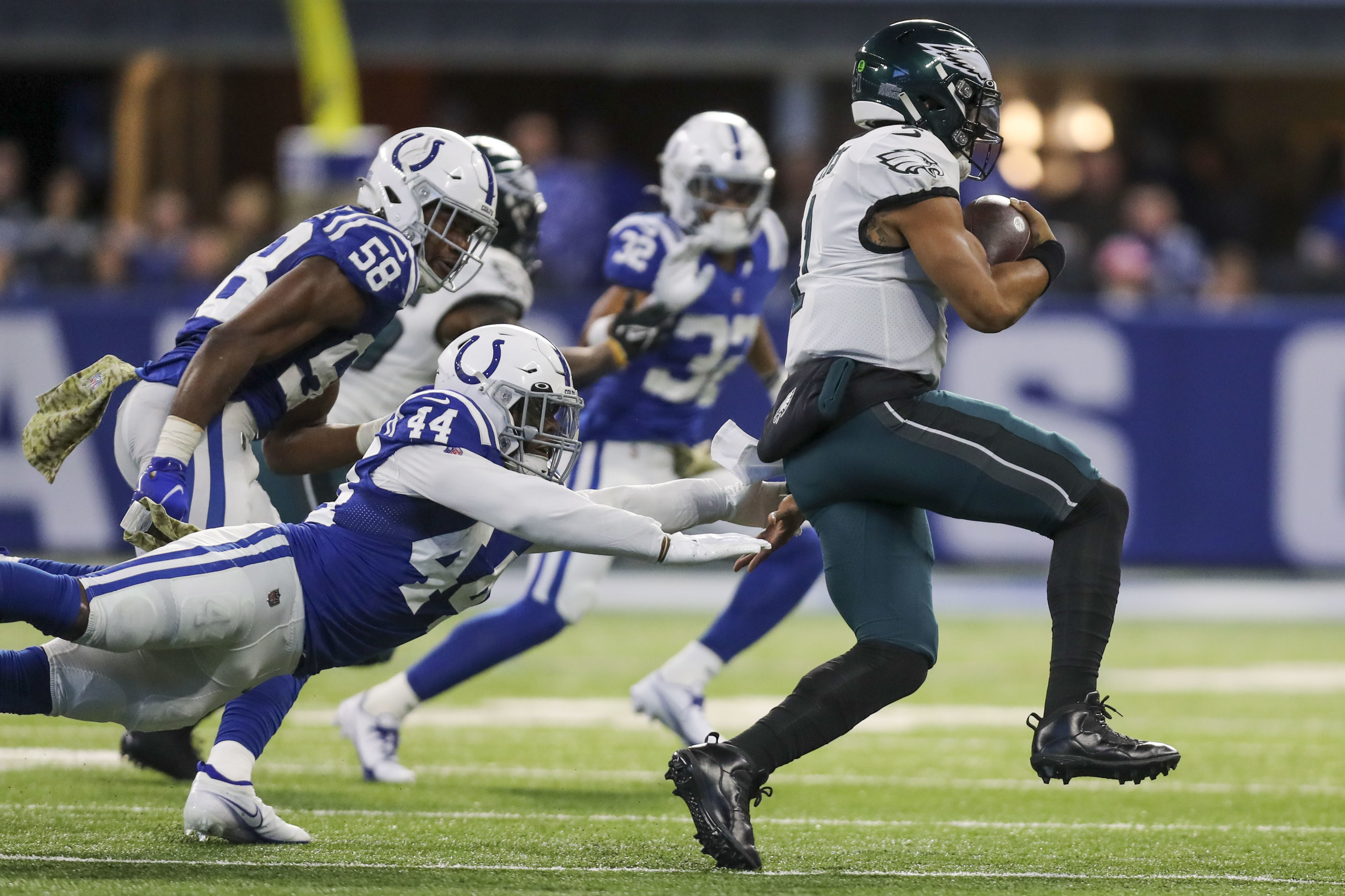 INDIANAPOLIS, IN - NOVEMBER 20: Indianapolis Colts Linebacker Bobby Okereke  (58) walks off the field at the conclusion of the NFL football game between  the Philadelphia Eagles and the Indianapolis Colts on