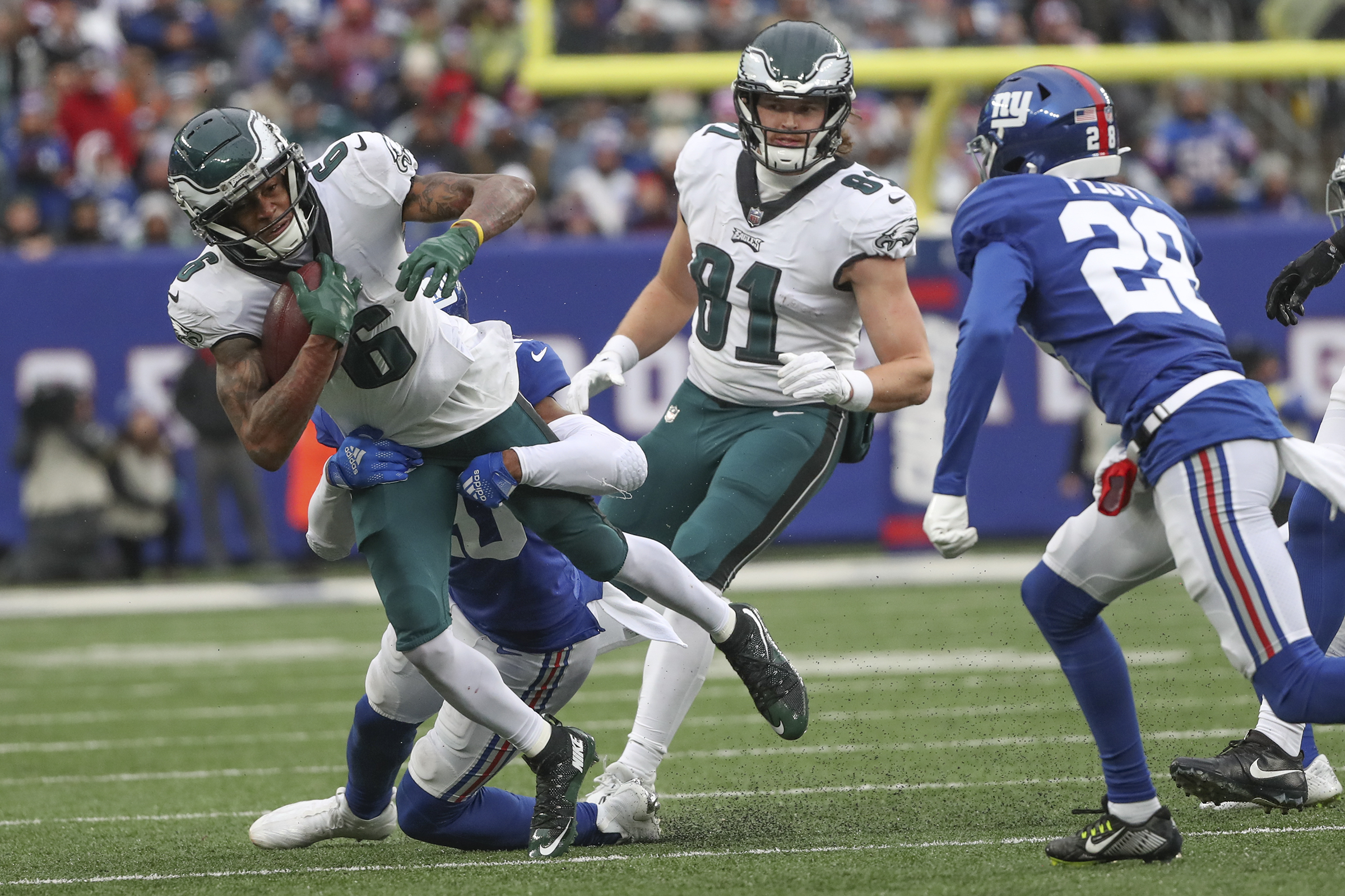 Philadelphia Eagles running back Miles Sanders (26) reacts after a  touchdown against the New York Giants during an NFL football game Sunday,  Dec. 11, 2022, in East Rutherford, N.J. (AP Photo/Adam Hunger