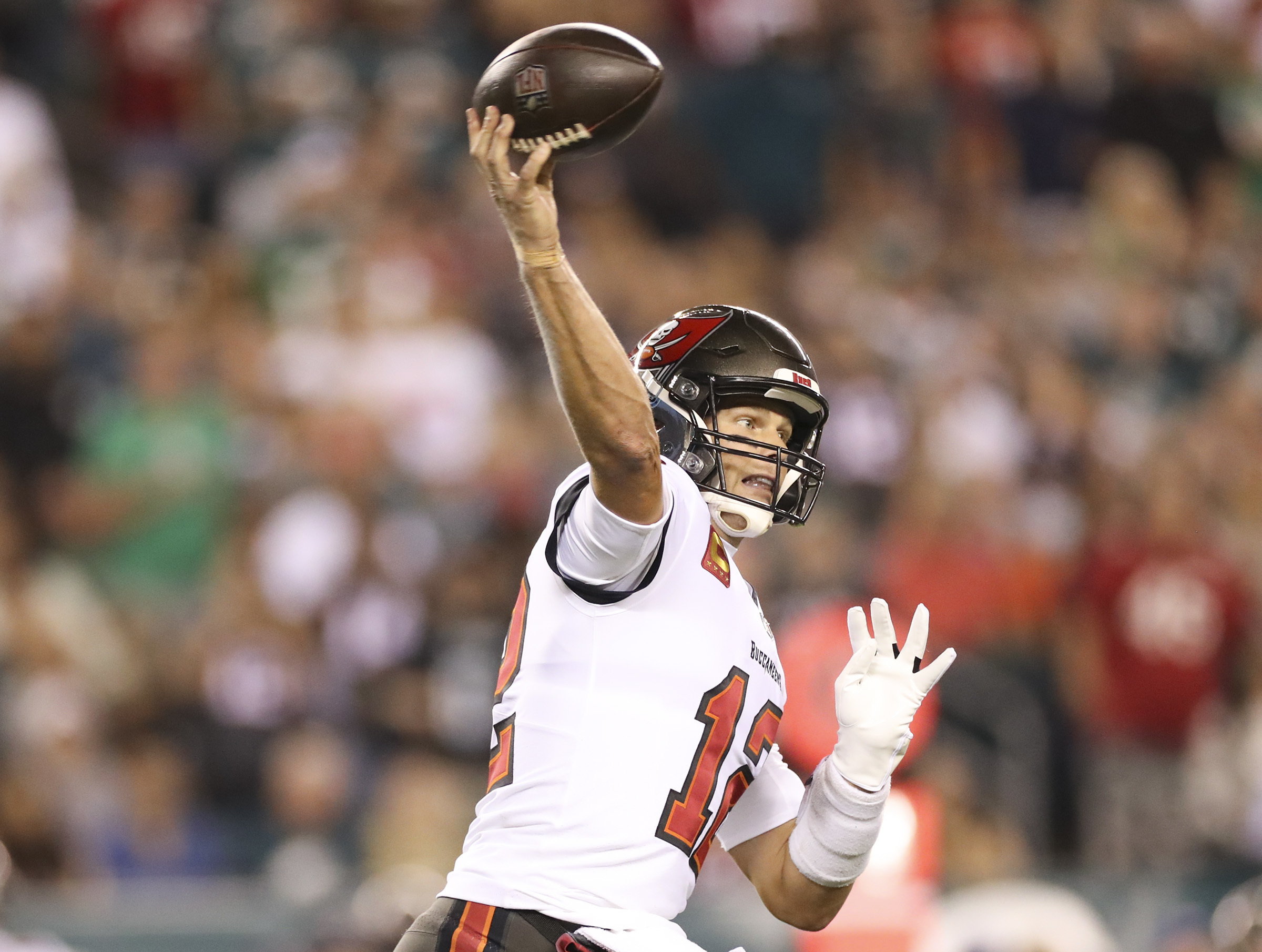 October 14, 2021: Tampa Bay Buccaneers tight end O.J. Howard (80) looks on  following his touchdown during the NFL game between the Tampa Bay Buccaneers  and the Philadelphia Eagles at Lincoln Financial