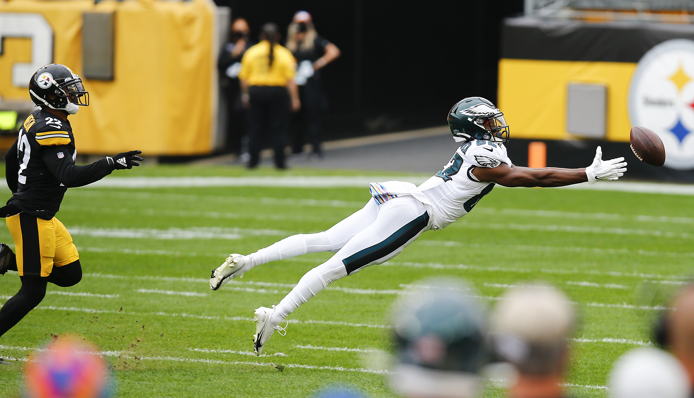 Philadelphia Eagles wide receiver Travis Fulgham (13) reacts after a 4-yard  touchdown reception during an NFL football game against the Pittsburgh  Steelers, Sunday, Oct. 11, 2020, in Pittsburgh. (AP Photo/Justin Berl Stock