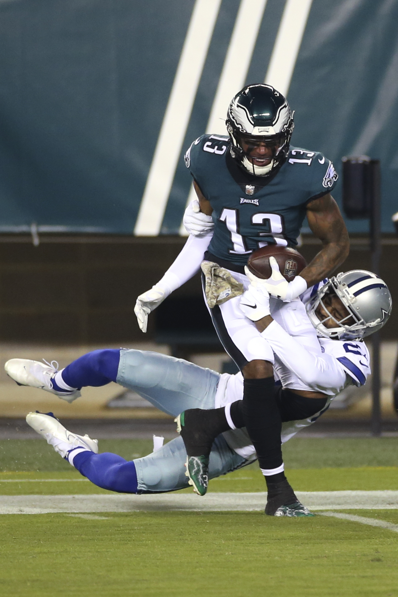 Philadelphia, PA, USA. 01st Nov, 2020. Dallas Cowboys cornerback Trevon  Diggs (27) picks off a pass from Carson Wentz (11)during the NFC matchup  between the Dallas Cowboys and the Philadelphia Eagles at