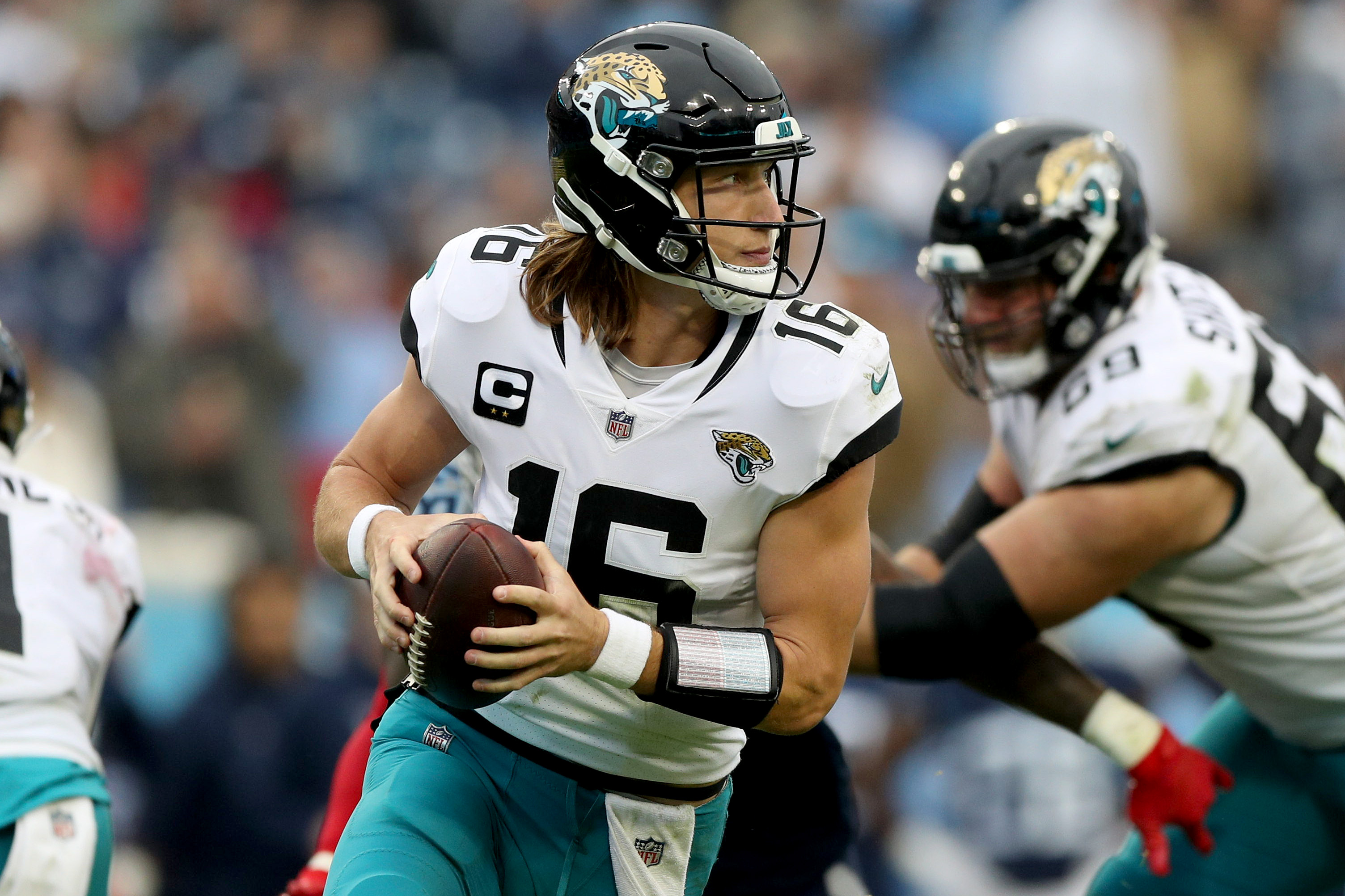 Jacksonville Jaguars place kicker Riley Patterson (10) in action during an  NFL football game against the