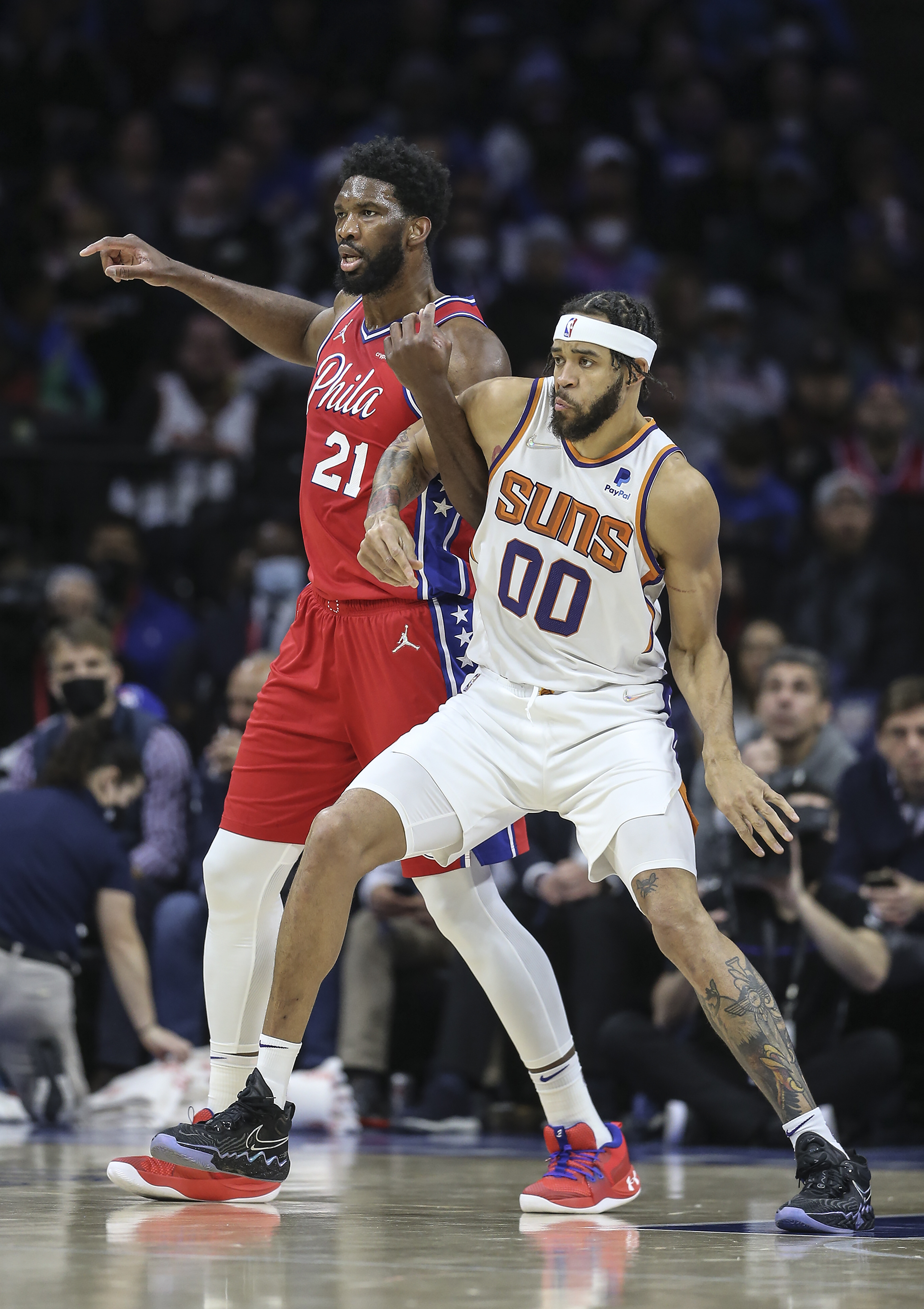 Joel Embiid Red Philadelphia 76ers Game-Used #21 Statement Jersey Worn  During the First Quarter of the Game vs. Phoenix Suns on February 8 2022