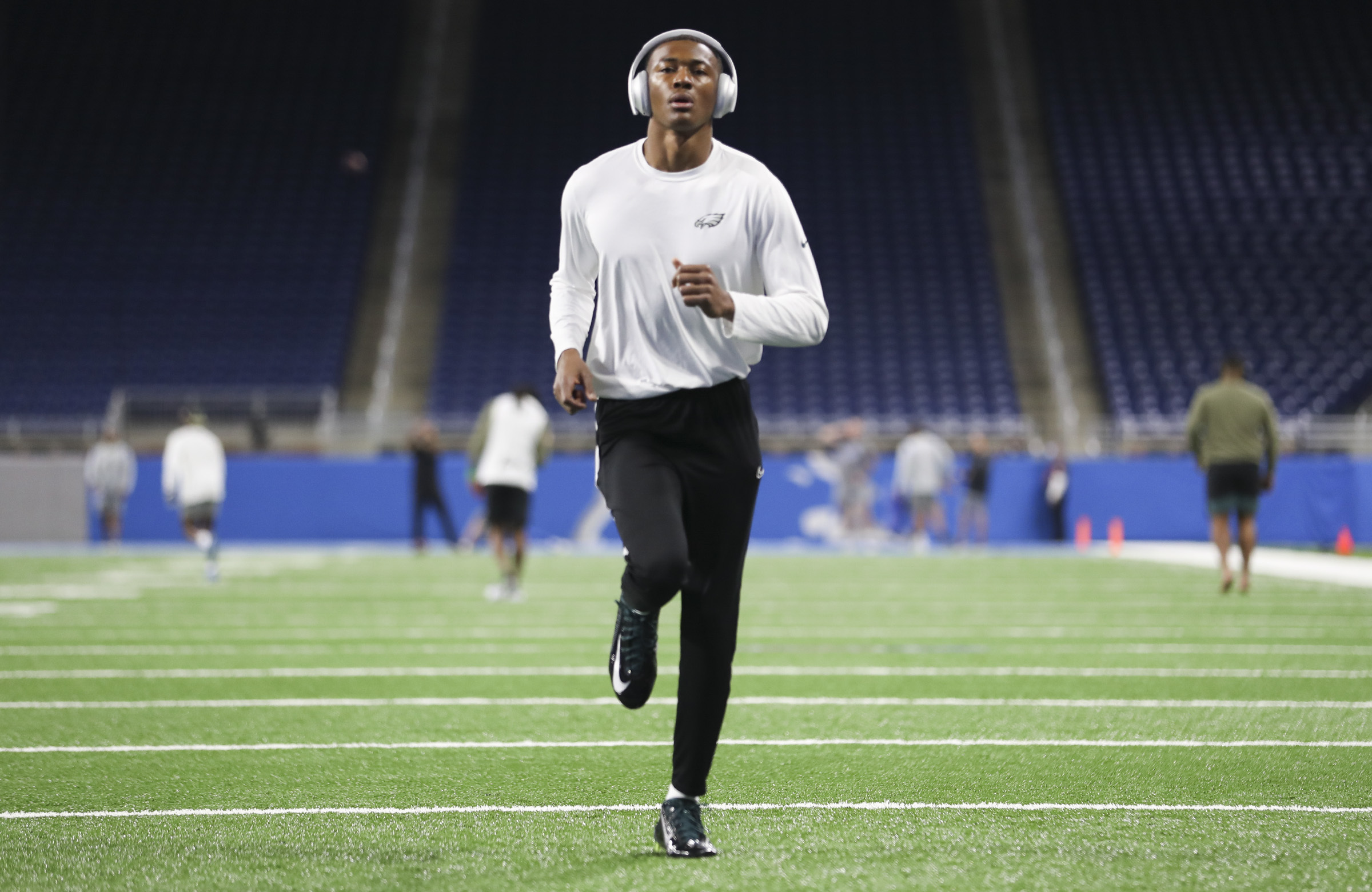 DeVonta Smith of the Philadelphia Eagles runs to the locker room