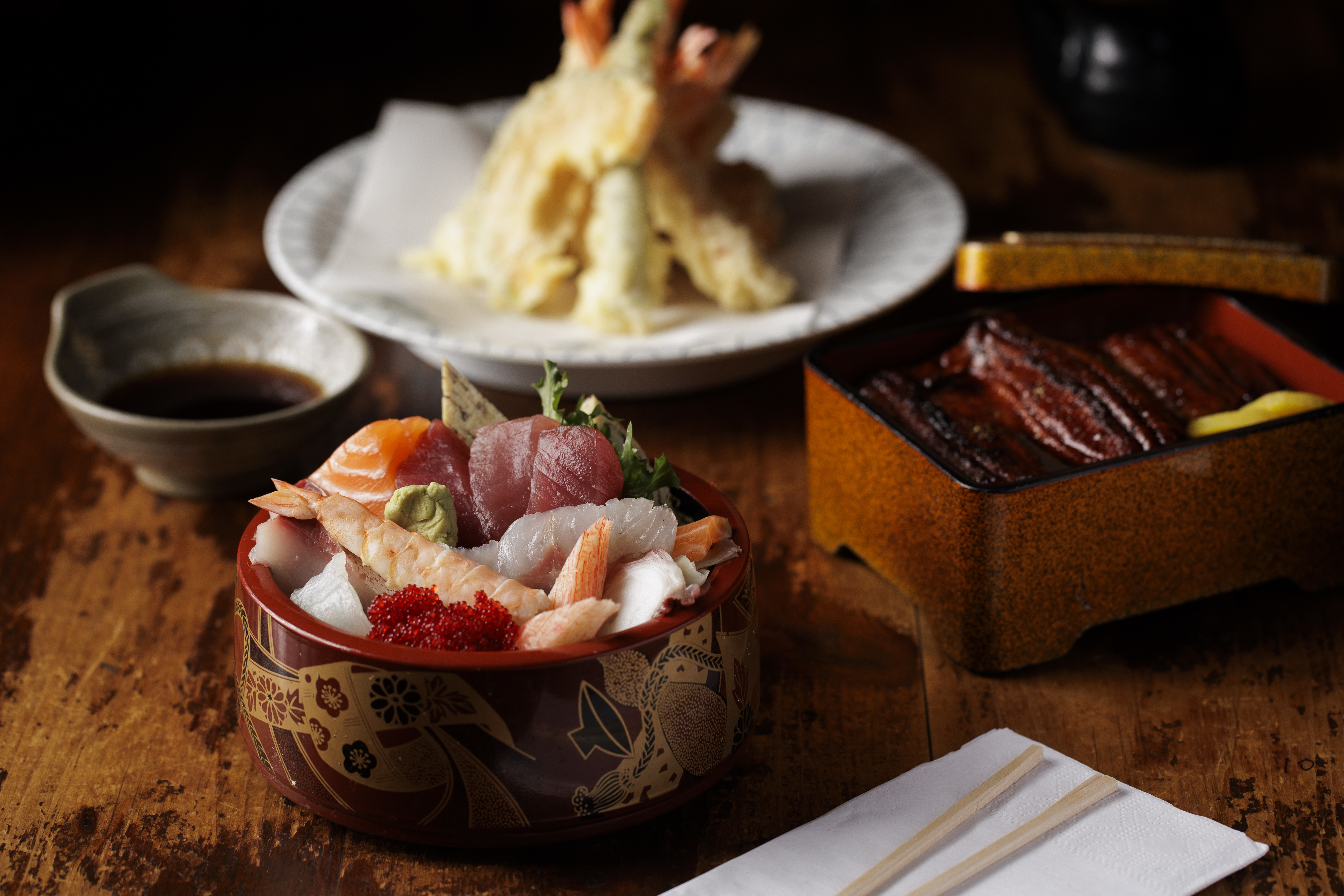 Chirashi, shrimp tempura, and unaju at Sagami in Collingswood, NJ on Thursday, Sept. 5, 2024.