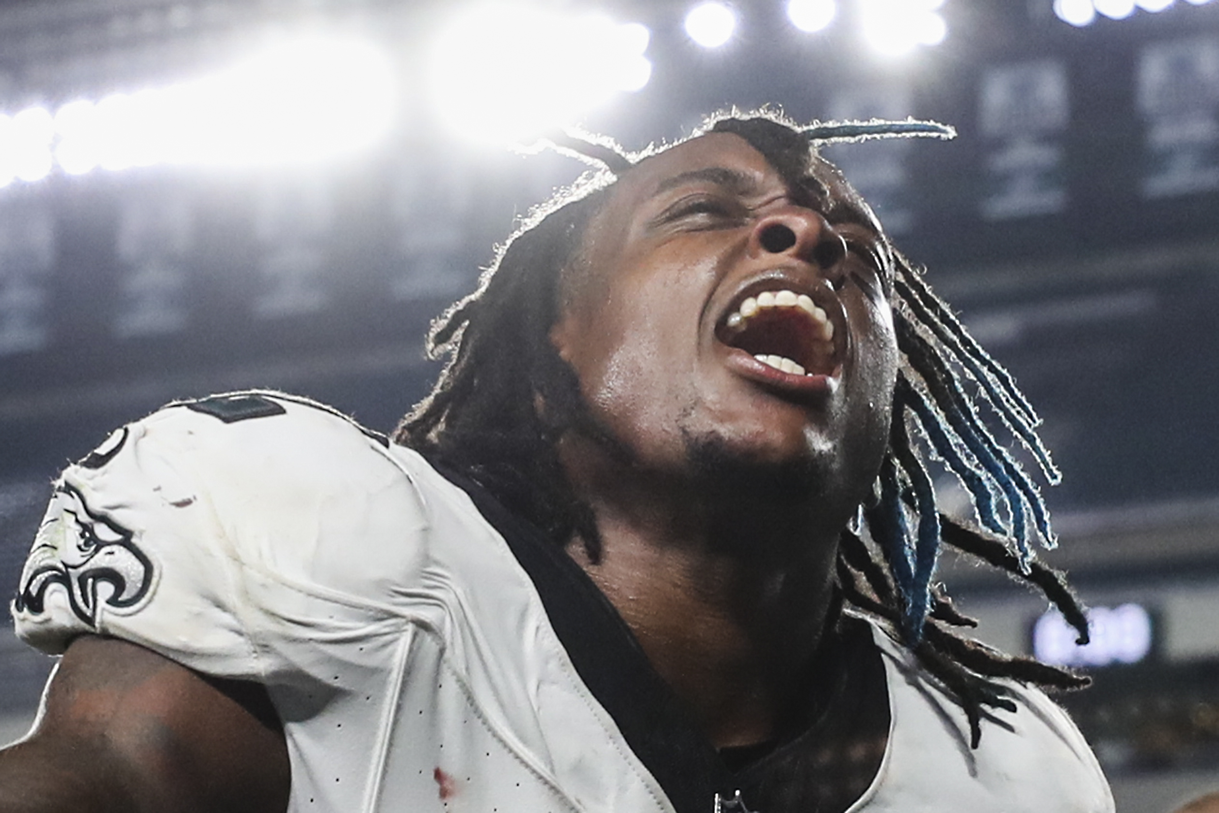 Philadelphia Eagles guard Julian Good-Jones (77) and center Cameron Tom  (67) talk before an NFL pre-season football game against the Cleveland  Browns, Thursday, Aug. 17, 2023, in Philadelphia. (AP Photo/Rich Schultz  Stock