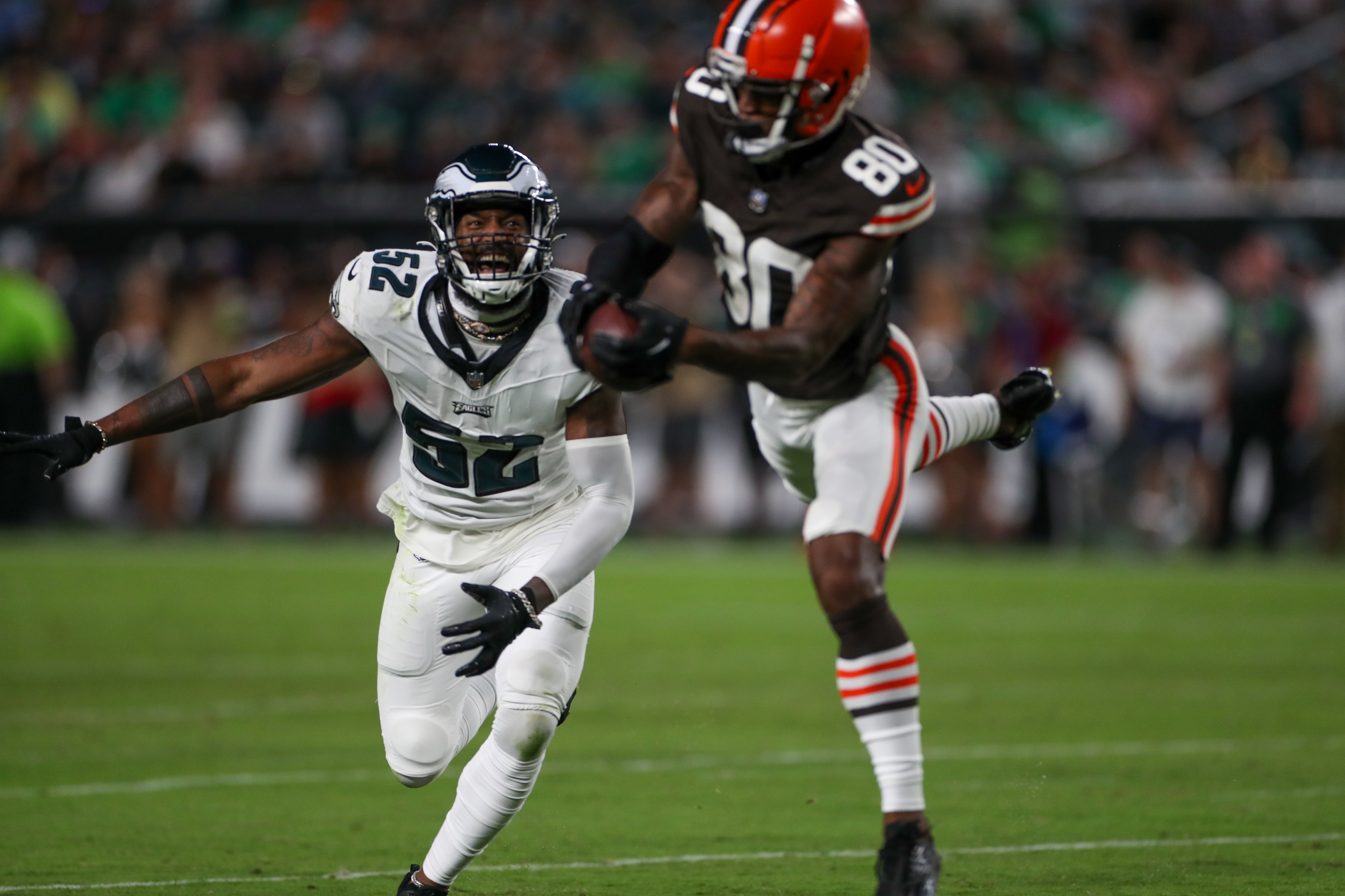 Philadelphia Eagles linebacker Nakobe Dean (17) pursues a play