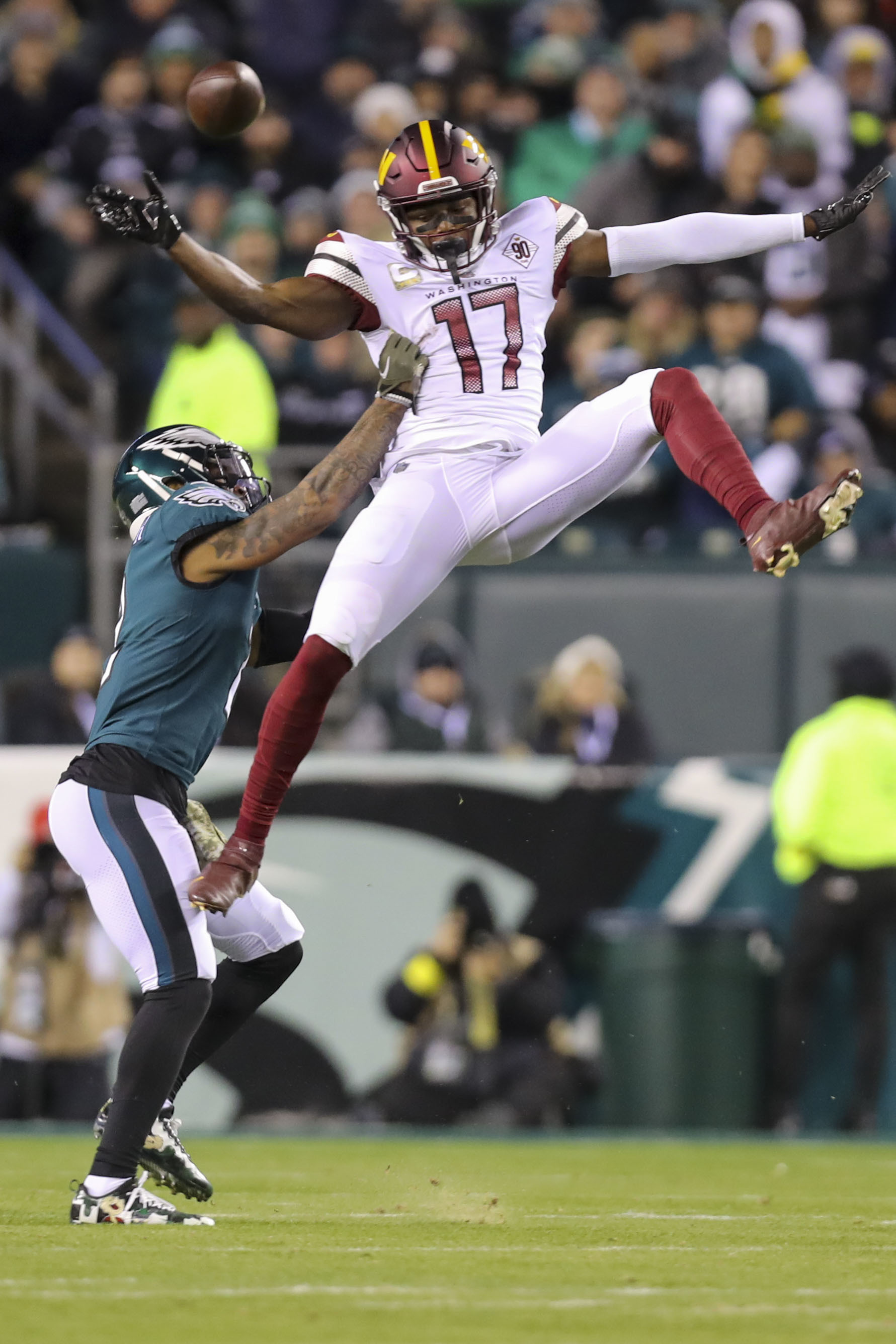 Philadelphia Eagles wide receiver Quez Watkins (16) looks on as his catch  was ruled an incomplete pass against the Tampa Bay Buccaneers during an NFL  football game, Thursday, Oct. 14, 2021, in