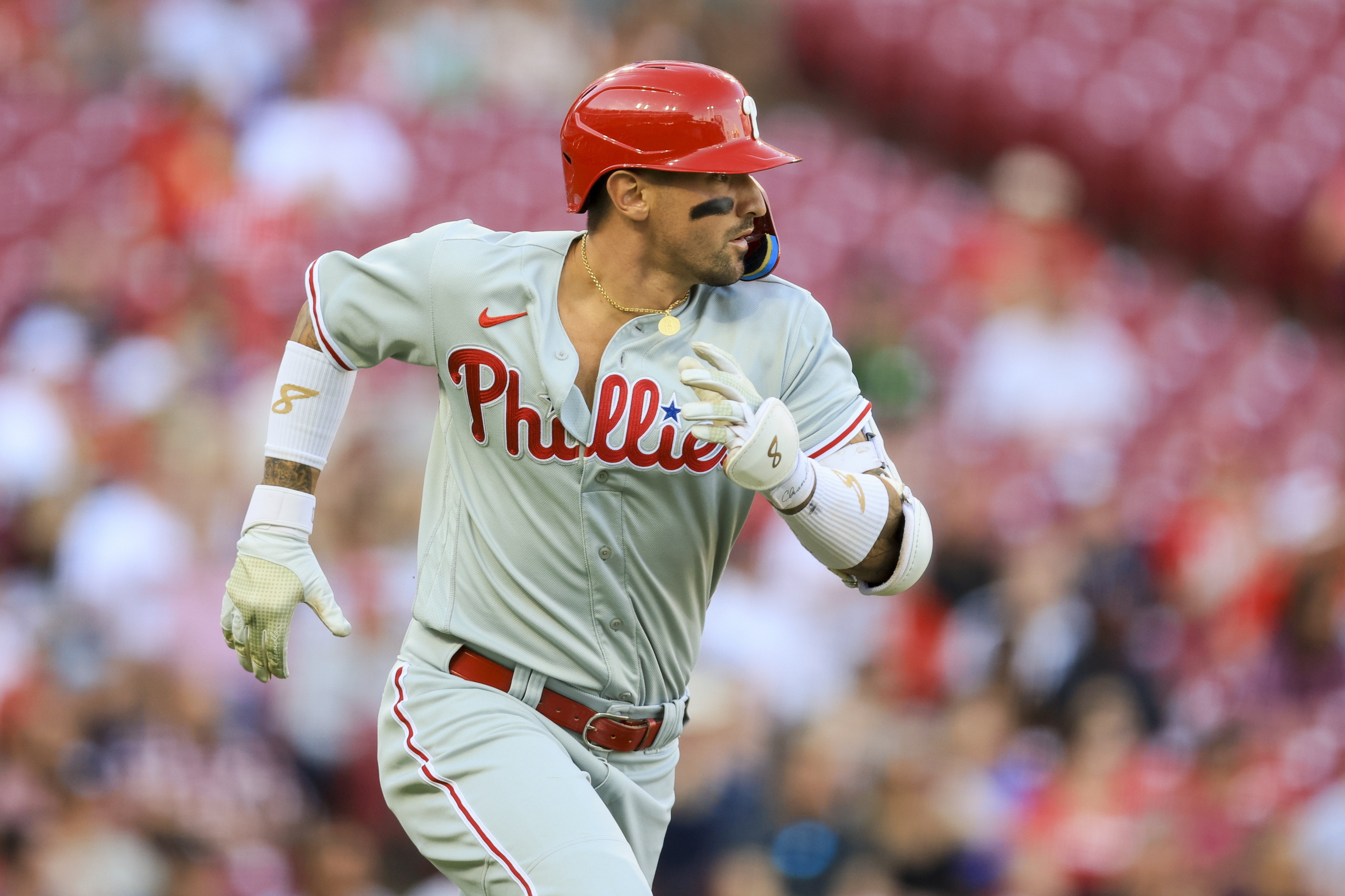 Philadelphia Phillies' Cristian Pache bunts for a single during