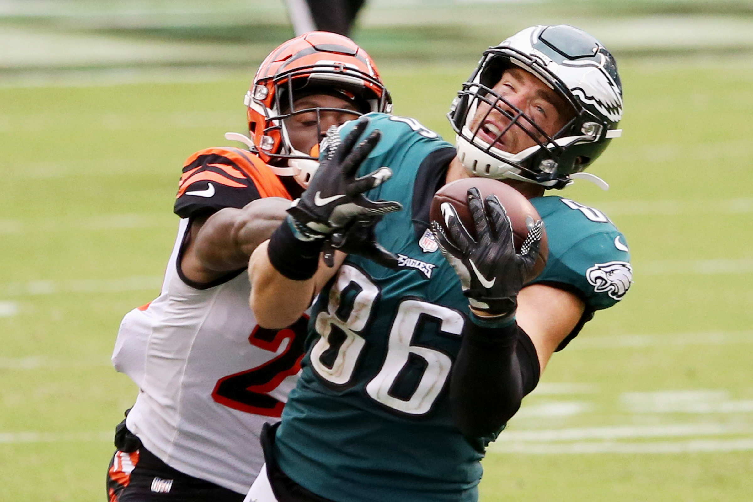 Philadelphia Eagles tight end Dallas Goedert (88) has his jersey ripped  during the second half of an NFL football game against the Los Angeles  Chargers on Sunday, Nov. 7, 2021, in Philadelphia. (