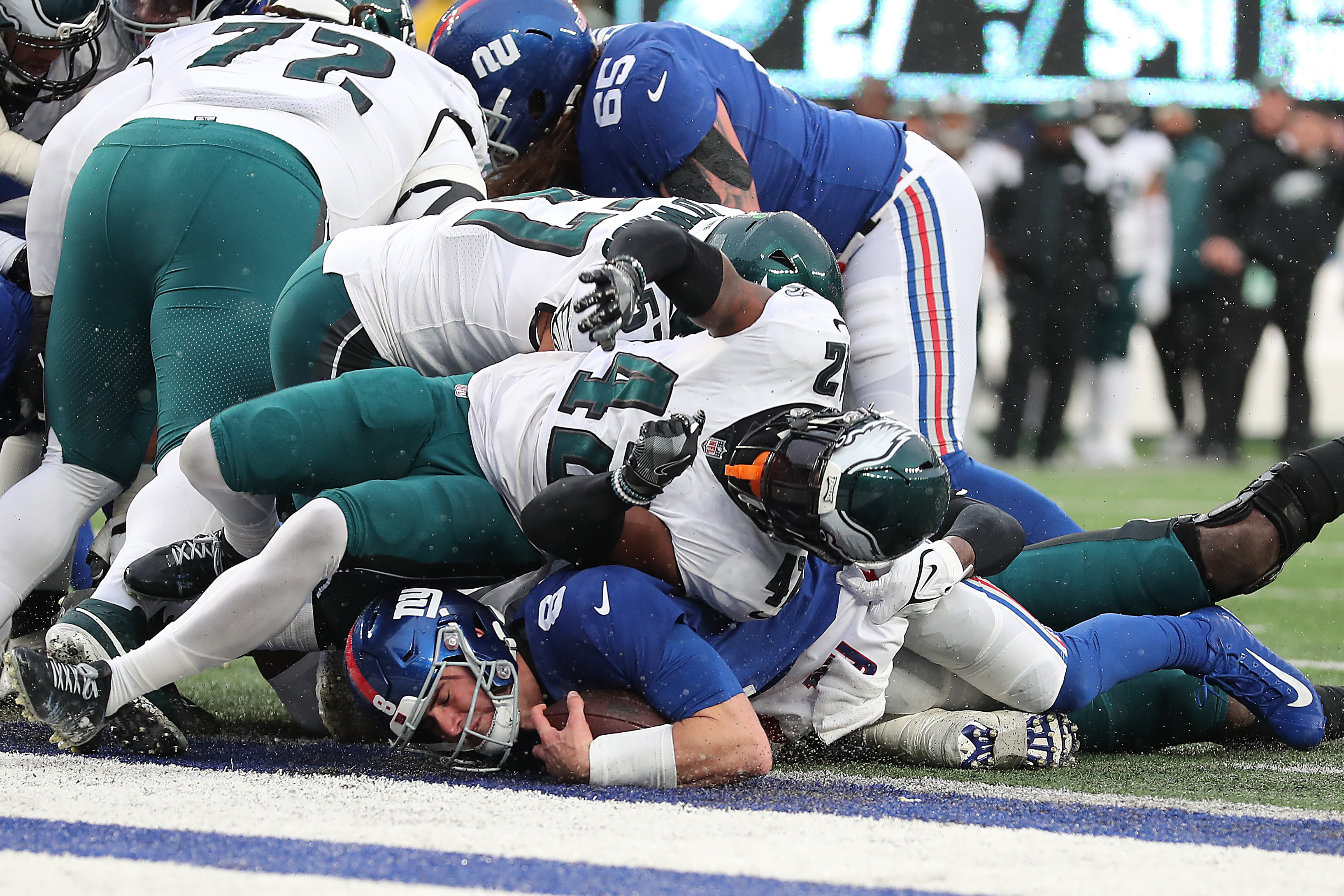 Philadelphia Eagles running back Miles Sanders (26) reacts after a  touchdown against the New York Giants during an NFL football game Sunday,  Dec. 11, 2022, in East Rutherford, N.J. (AP Photo/Adam Hunger