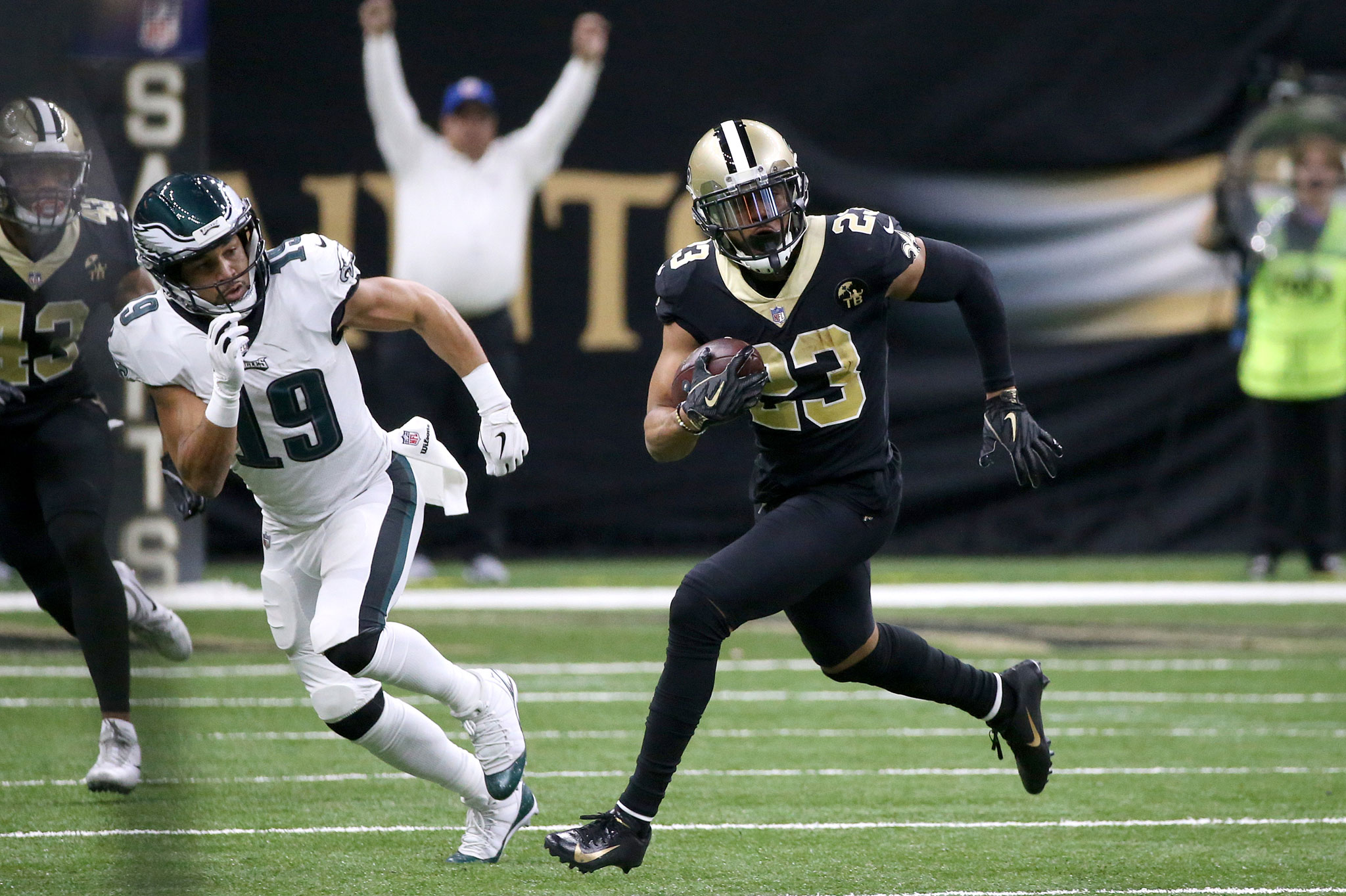 New Orleans Saints cornerback Marshon Lattimore (23) intercepts a