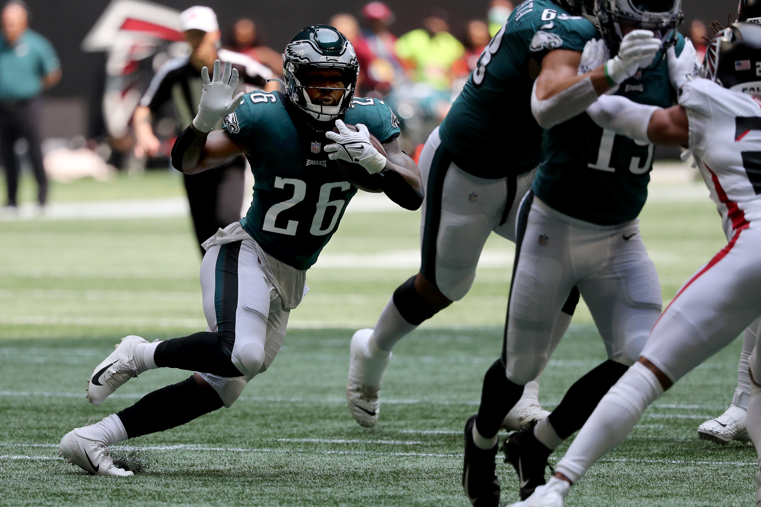 Philadelphia Eagles running back Miles Sanders (26) reacts after a