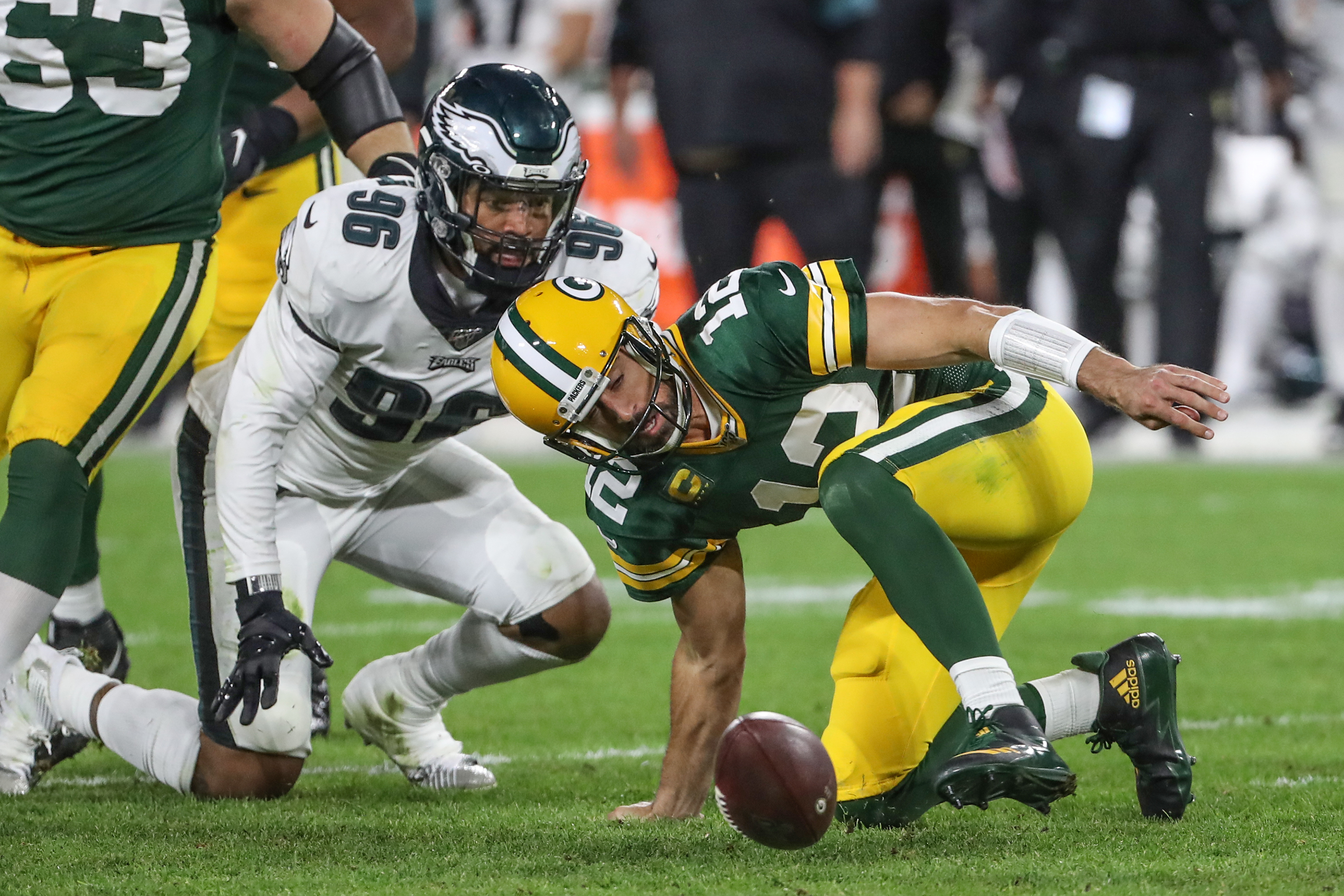 Green Bay Packers vs. Philadelphia Eagles. NFL Game. American Football  League match. Silhouette of professional player celebrate touch down.  Screen in Stock Photo - Alamy