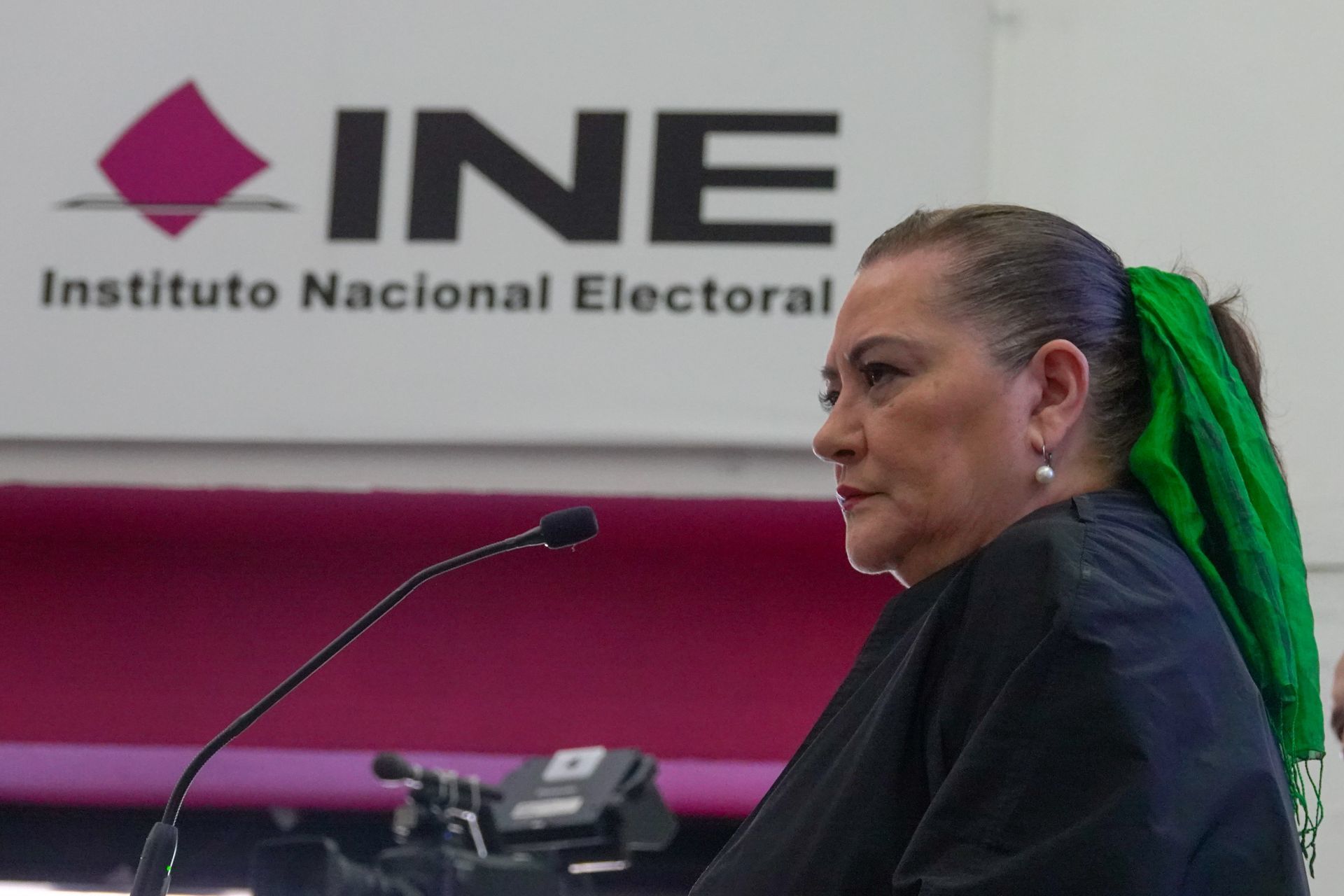 Guadalupe Taddei, consejera presidenta del Instituto Nacional Electoral, durante su conferencia a medios de comunicación en donde se abordó el tema del recorte del presupuesto para dicha institución, esto en las instalaciones del INE en Tlalpan.