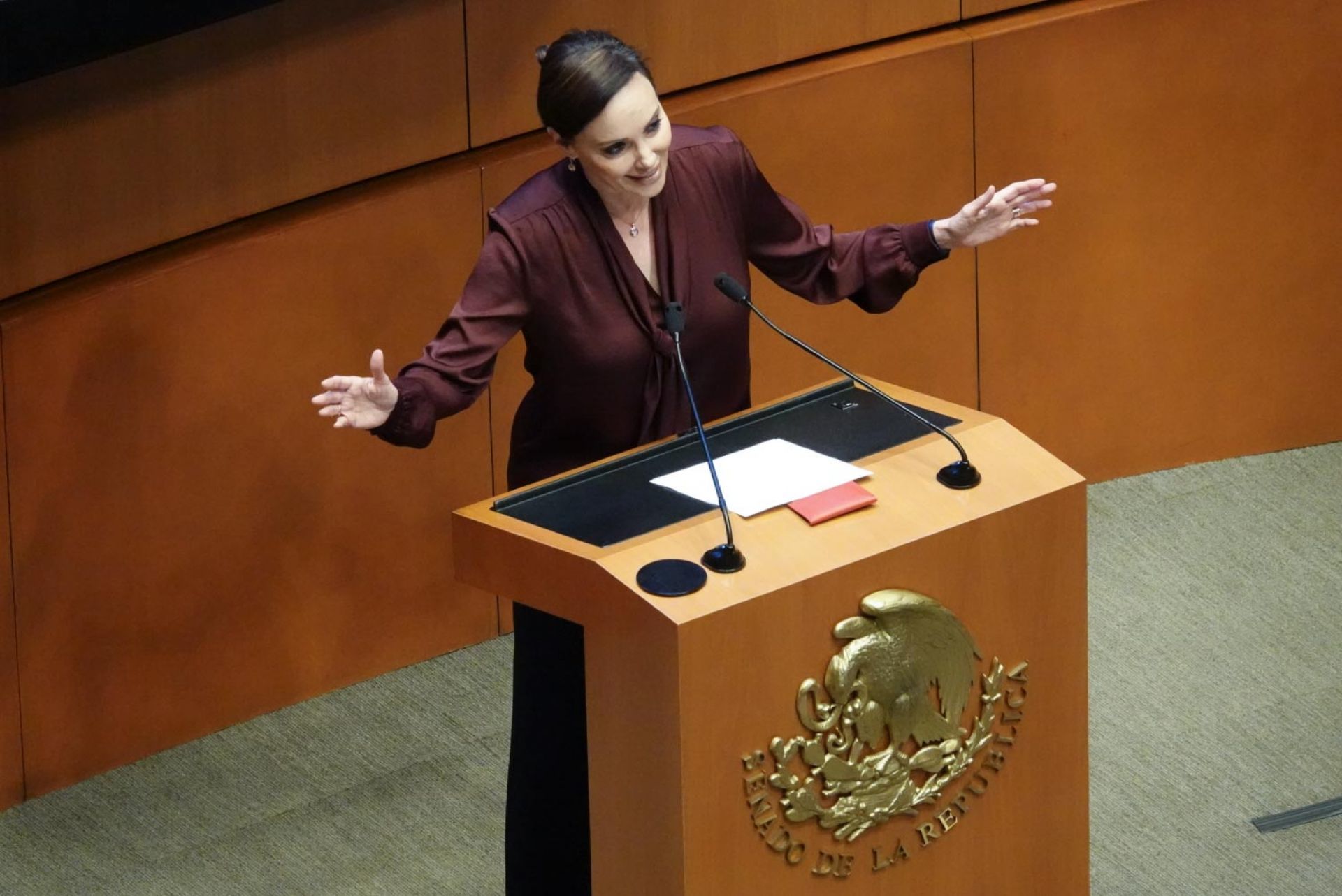 La senadora Lilly Téllez (PAN) durante su participación en la Sesión Ordinaria en materia de la Reforma al Poder Judicial.