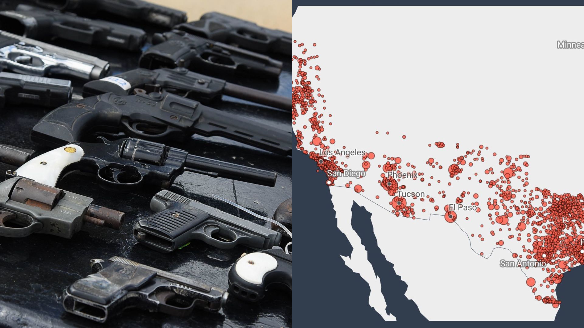 Este mapa muestra la venta de armas de traficantes estadounidenses a México.