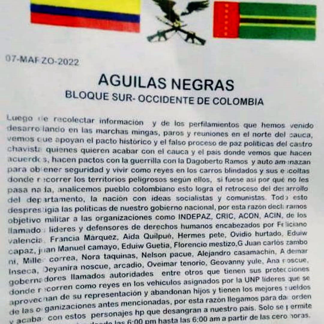 Águilas negras amenazan a líderes indígenas y organizaciones sociales del  Cauca