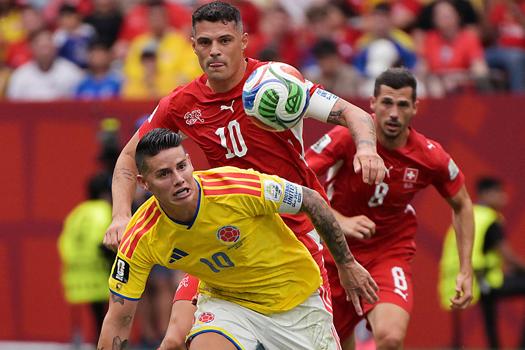 VANCOUVER, CANADA - JULY 7: (L-R) James Rodriguez of Colombia, Granit Xhaka of Switzerland during the World Cup match between Switzerland v Colombia at the Vancouver Stadium on July 7, 2026 in Vancouver Canada (Photo by Dale MacMillan/Soccrates/Getty Images)