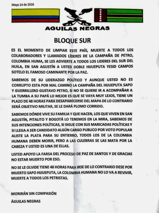 Amenazas a lideres sociales Denuncian panfletos amenazantes de “Águilas  Negras” en Bogotá : Denuncian panfletos amenazantes de “Águilas Negras” en  Bogotá