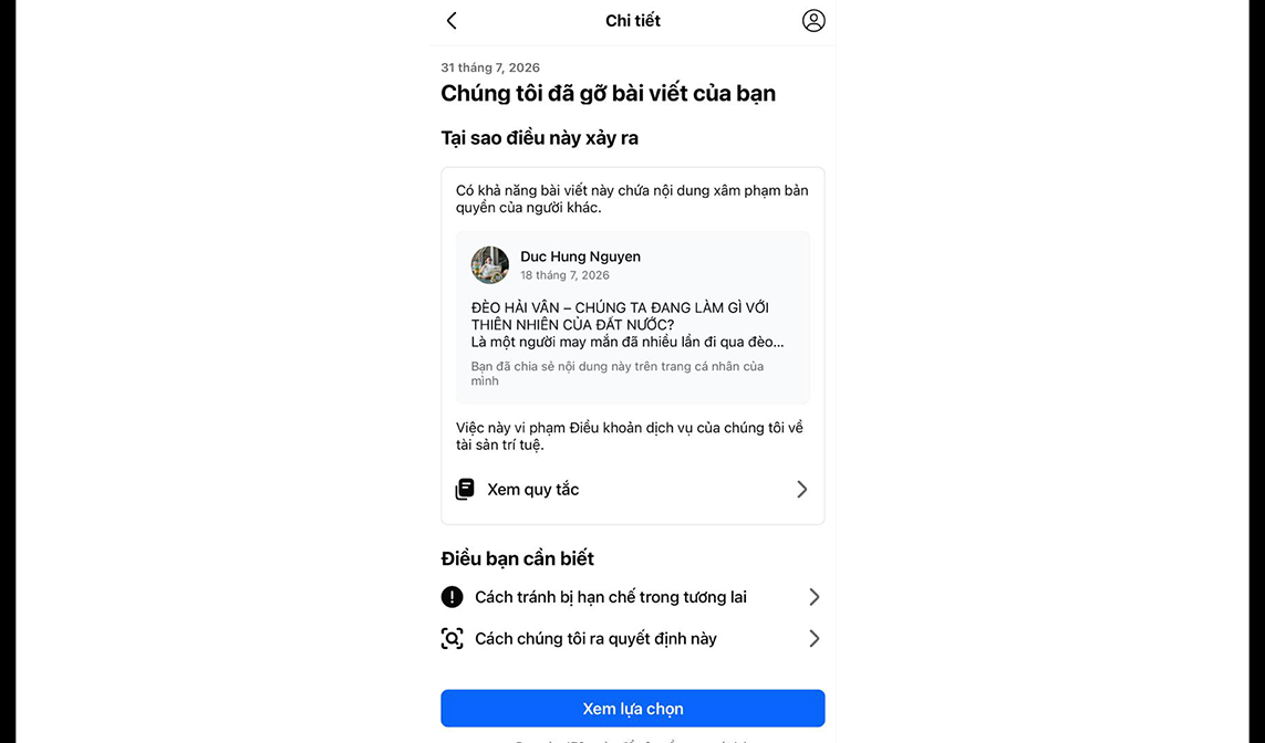 Một bài đăng bị Facebook gỡ bỏ vì "vi phạm bản quyền"