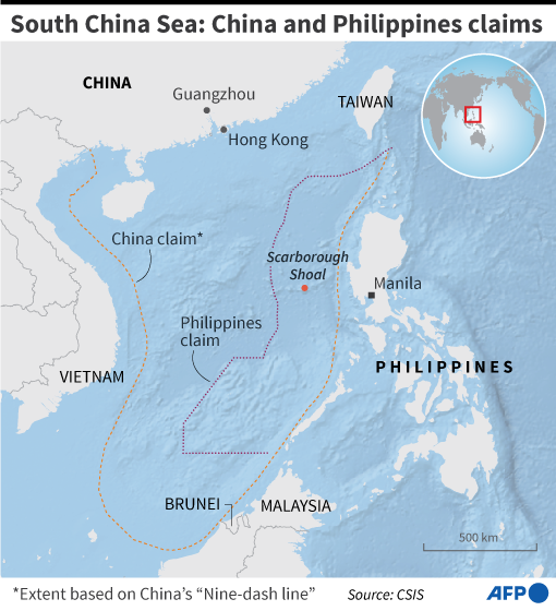 A map showing the overlapping claims of China and the Philippines in the South China Sea.