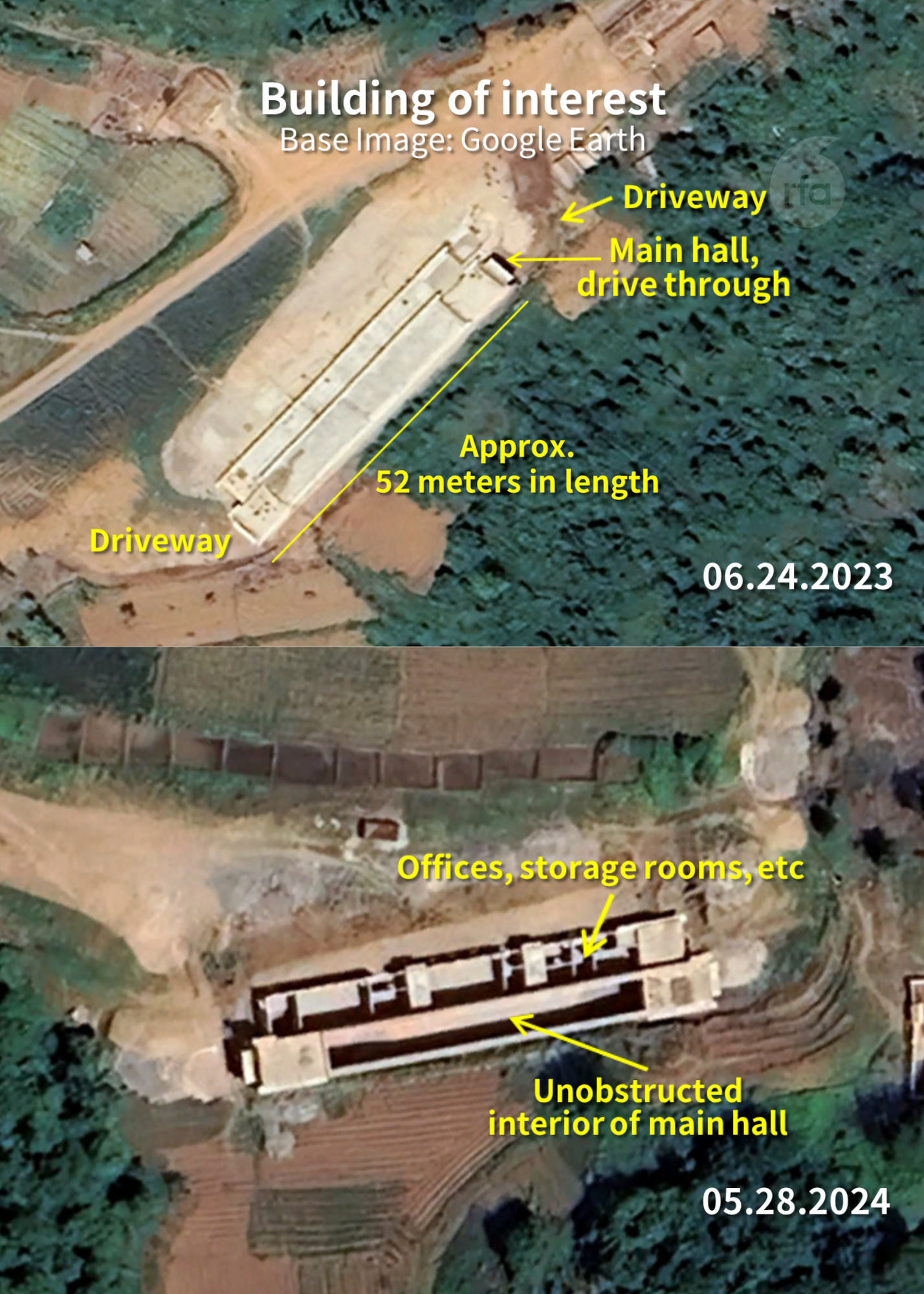 Two of the 52-meter support buildings while they are under construction. The bottom image from 2024 reveals the internal layout of the structures. Analyzed by Jacob Bogle