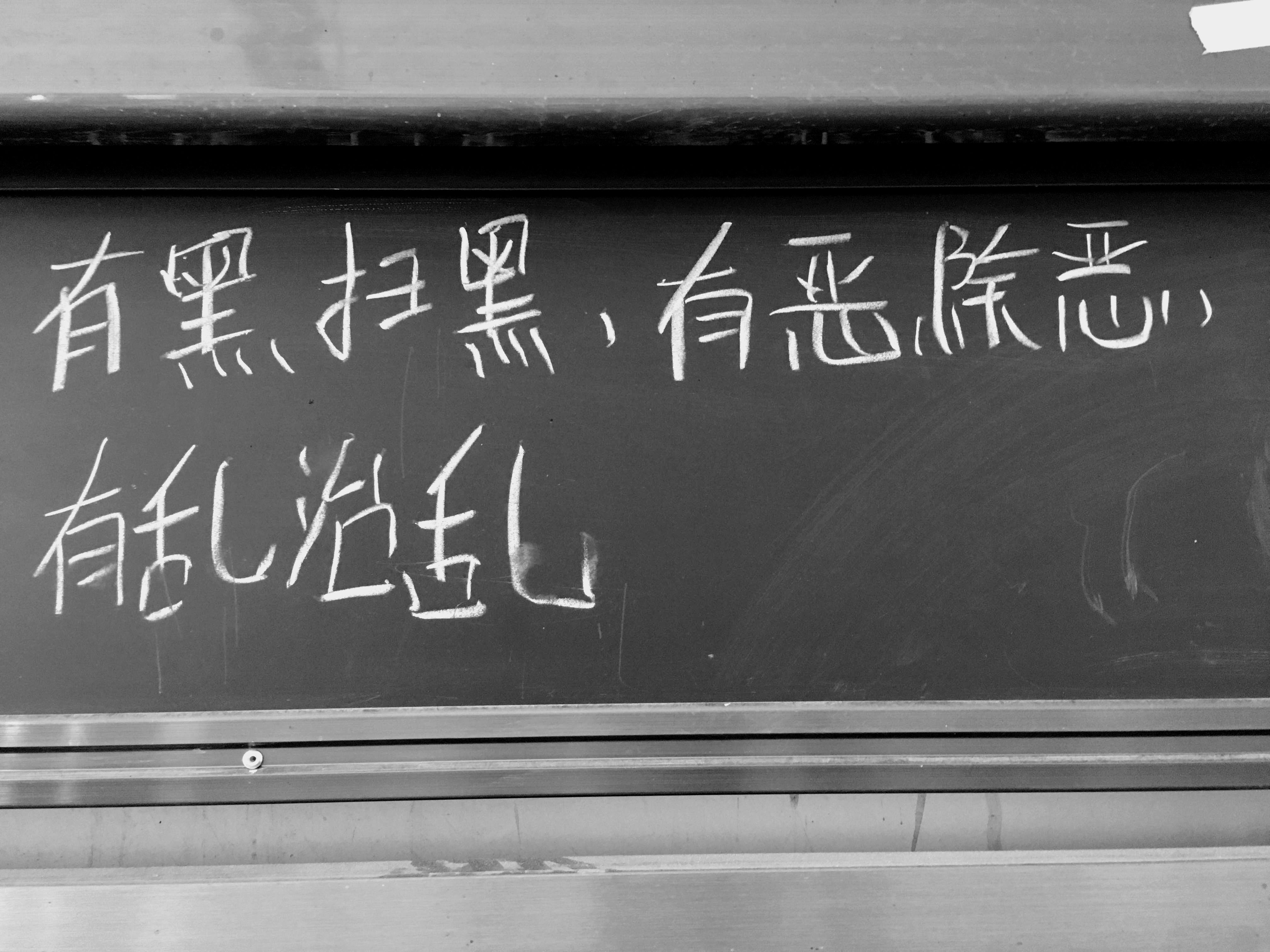 蕭浩宇指，行程最深刻的是那些新疆小學生在黑板寫的「有黑掃黑、有惡除惡、有亂治亂」。（受訪者提供）