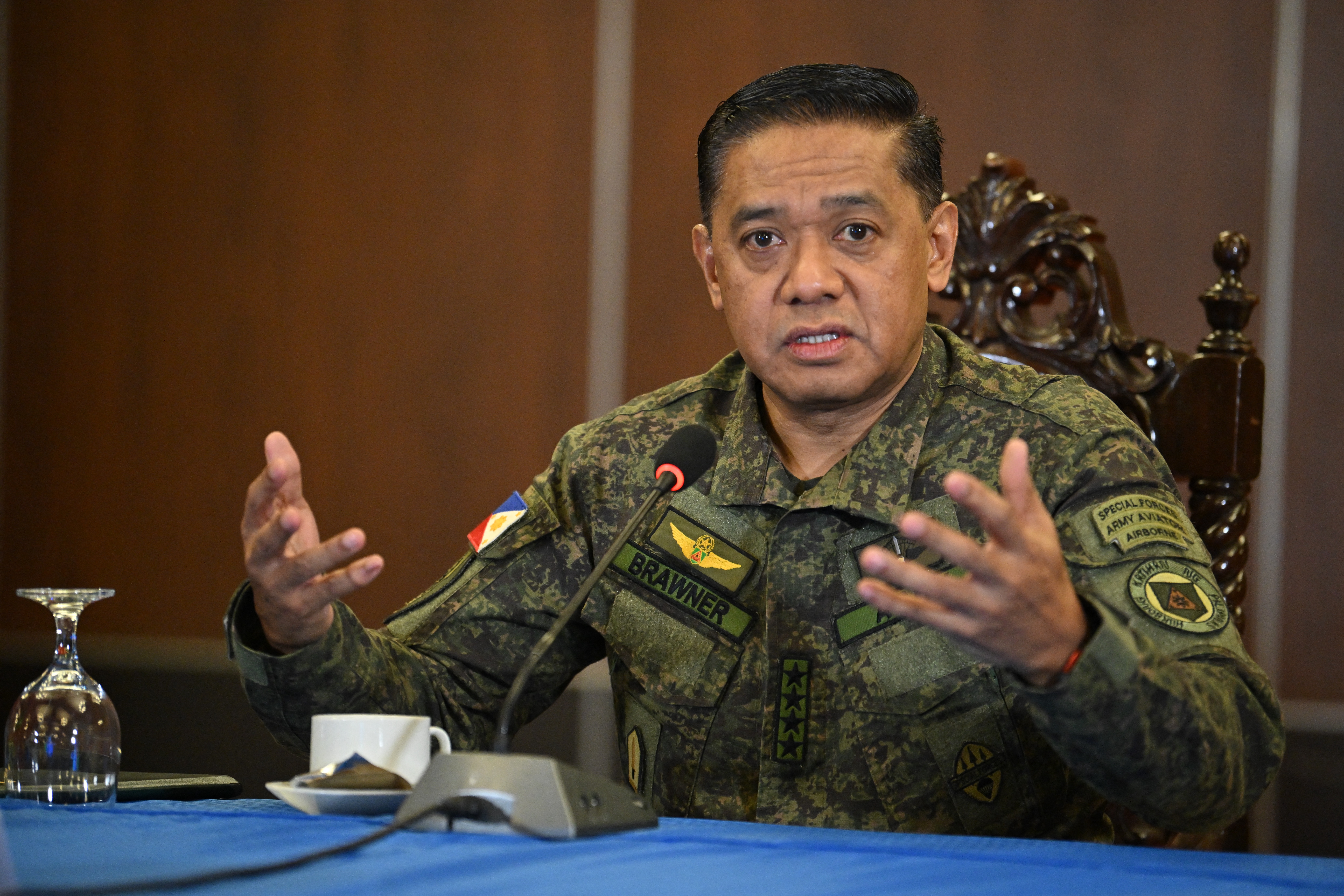 Philippine military chief Gen. Romeo Brawner speaks at military headquarters in Manila, Oct. 3, 2025.