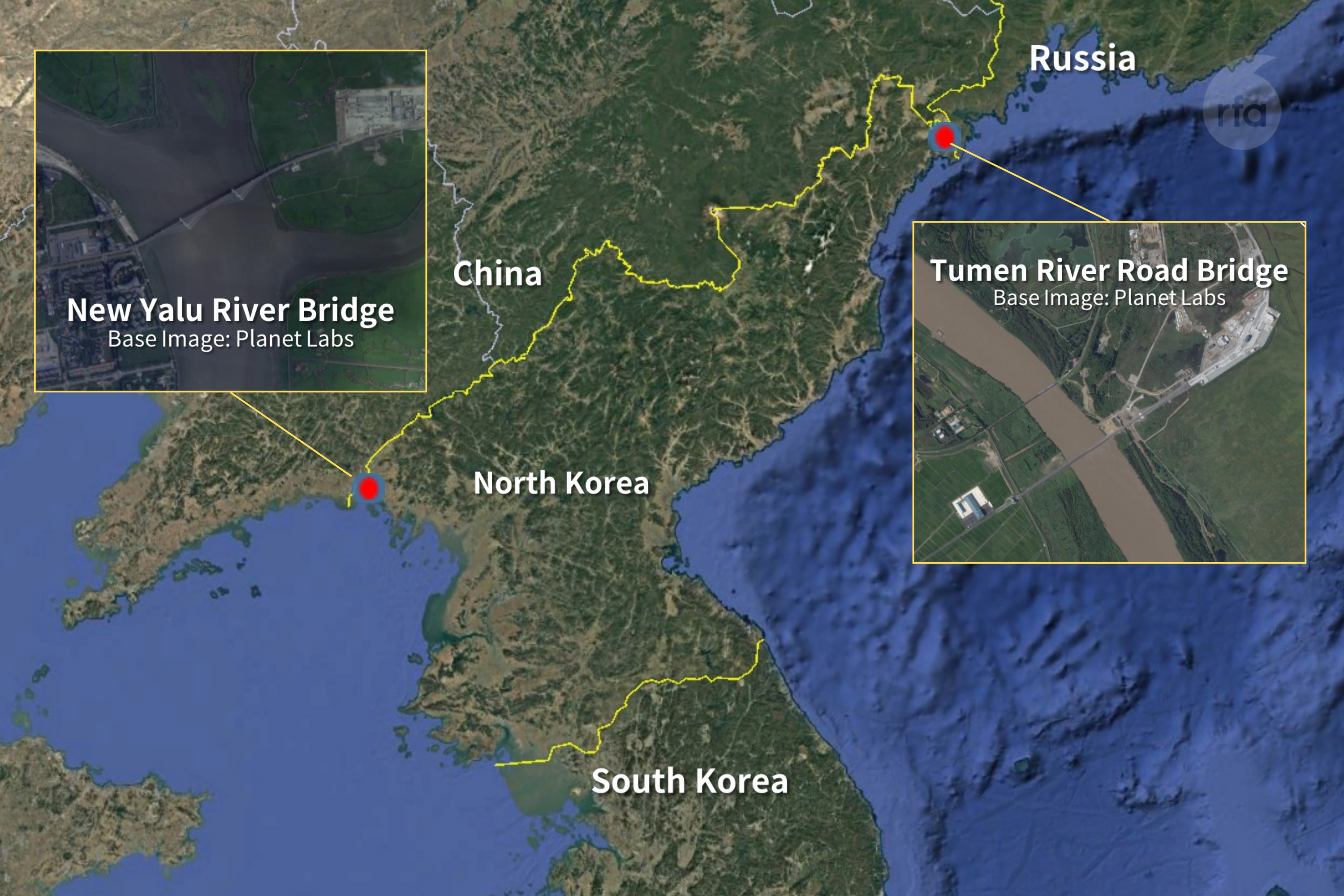 Map showing the locations of the two bridges