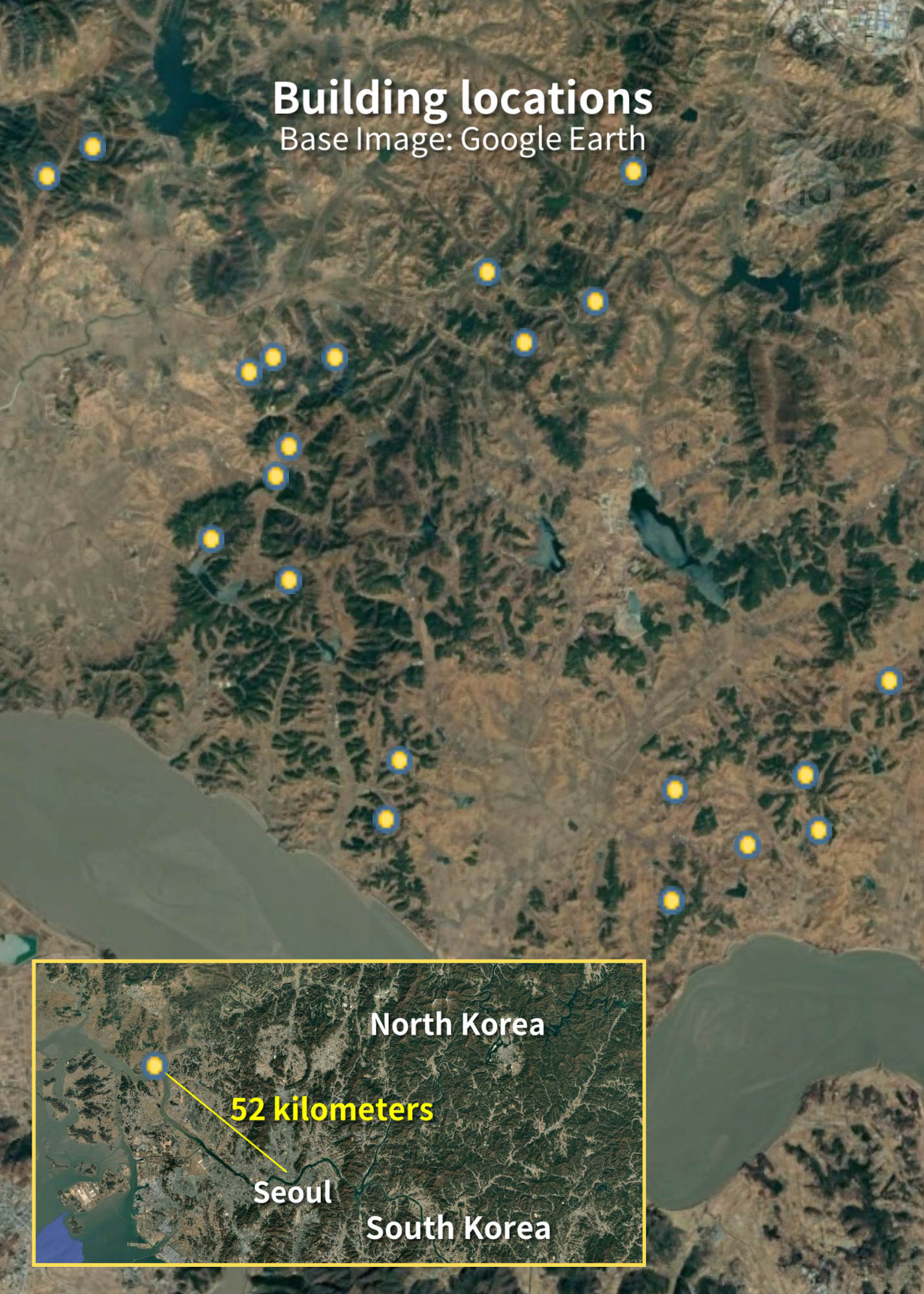 The locations of the 21 MLRS support buildings are grouped into three main sectors near the DMZ, south of the city of Kaesong. Analyzed by Jacob Bogle