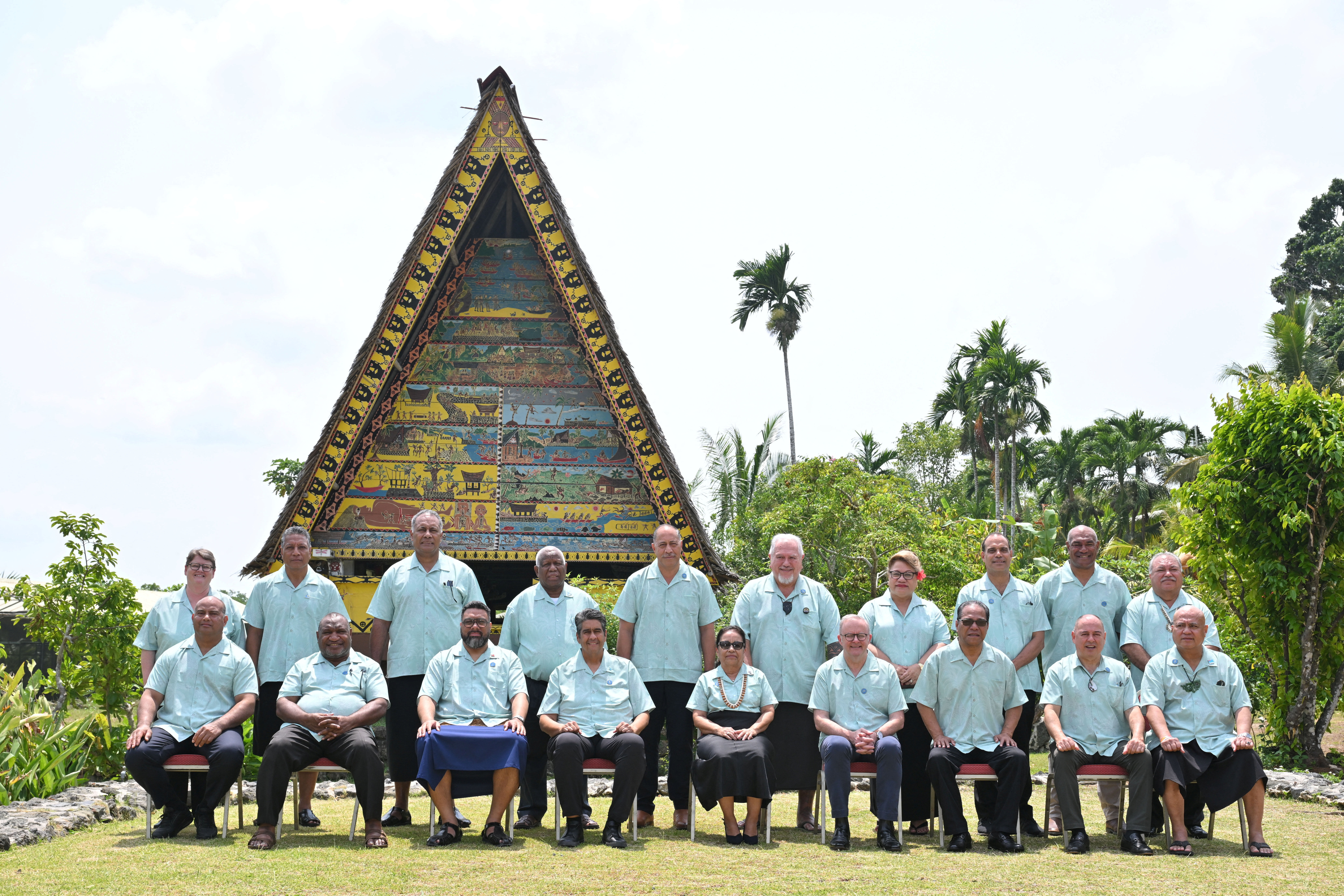 Leaders and officials of Pacific Islands countries pose at the 55th Pacific Islands Forum Leaders Meeting in Koror, Palau, September 2, 2026. Solomon Islands Minister for Foreign Affairs Rick Houenipwela, standing fourth from the left, was a last minute substitution for Wale, who had returned to Honiara.