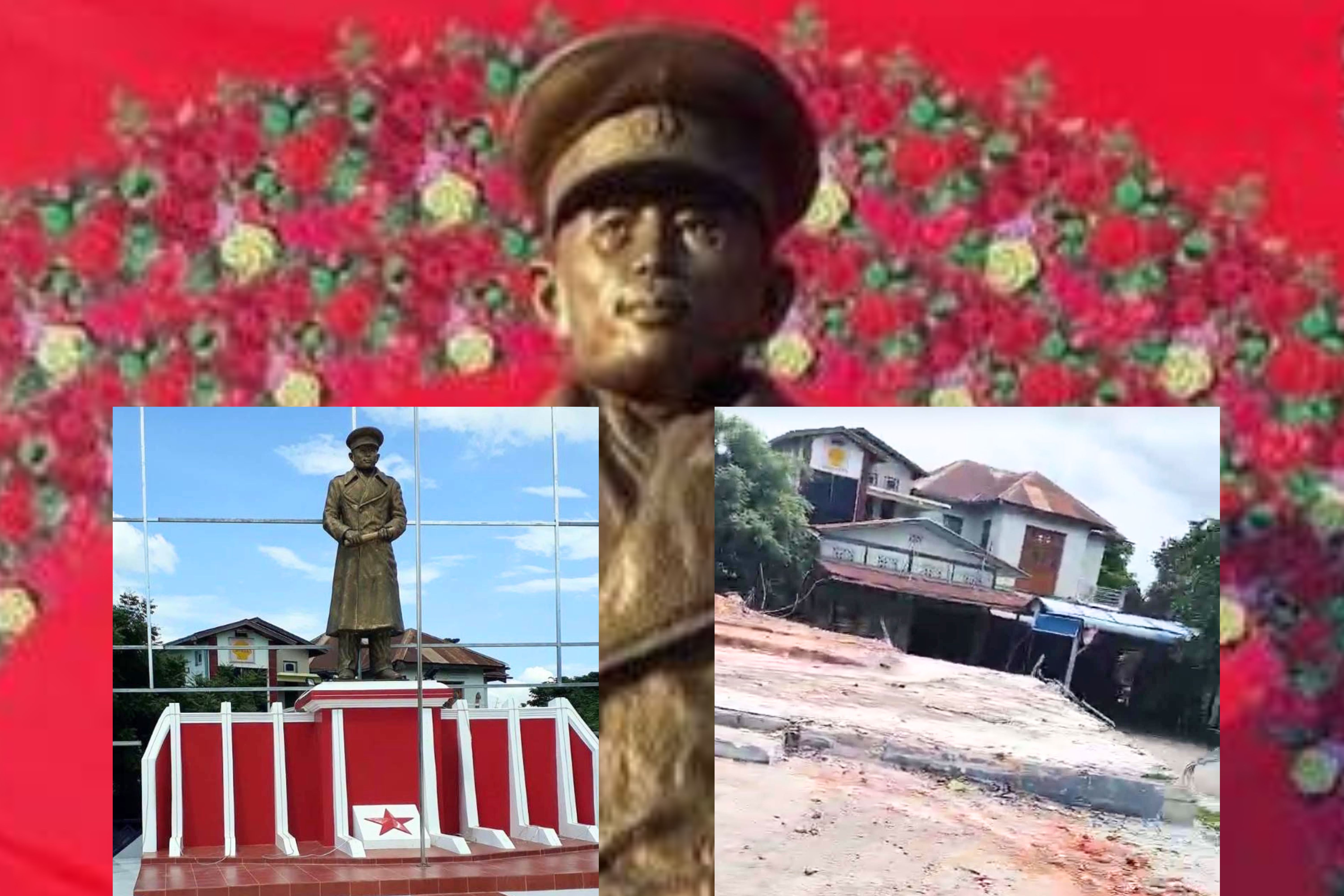 A statue of General Aung San in Ye-U, Sagaing region, Myanmar in undated photos and on June 28, 2026, bottom right, after it was removed the night before.