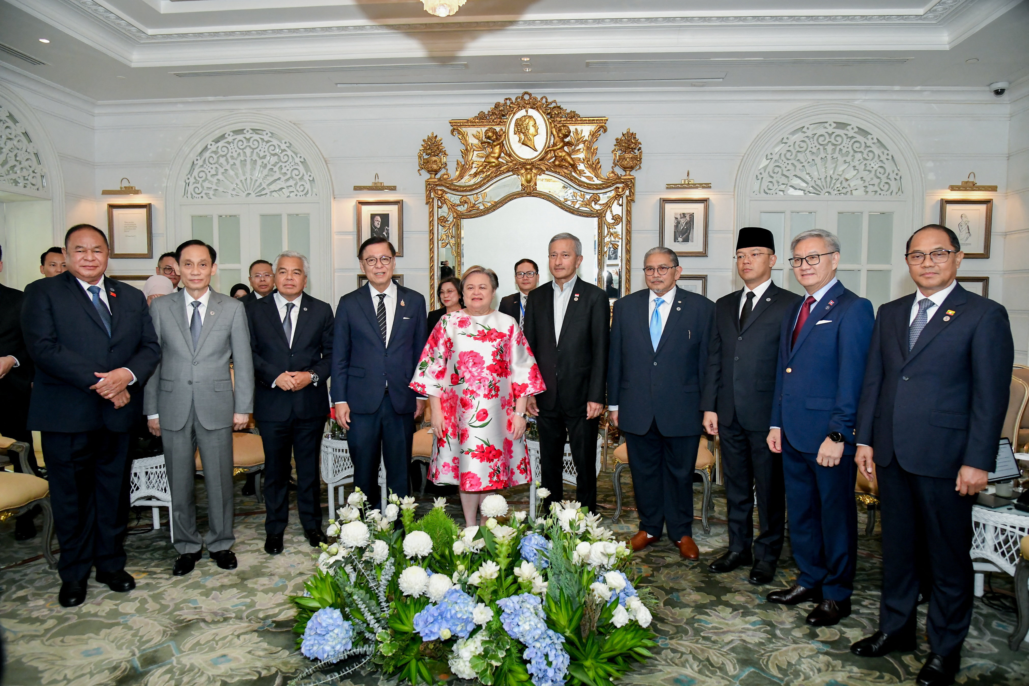 East Timor's Foreign Minister Bendito dos Santos Freitas, Vietnam's Foreign Minister Le Hoai Trung, Malaysia's Chief Secretary Shamsul Azri Abu Bakar, Thailand's Foreign Minister Sihasak Phuangketkeow, Philippines' Foreign Minister Tess Lazaro, Singapore's Foreign Minister Vivian Balakrishnan, Brunei's Second Minister of Foreign Affairs Erywan Yusof, Indonesia's Foreign Minister Sugiono, Laos' Foreign Minister Thongsavanh Phomvihane and Myanmar's Foreign Minister Tin Maung Swe pose for a photo during an inf