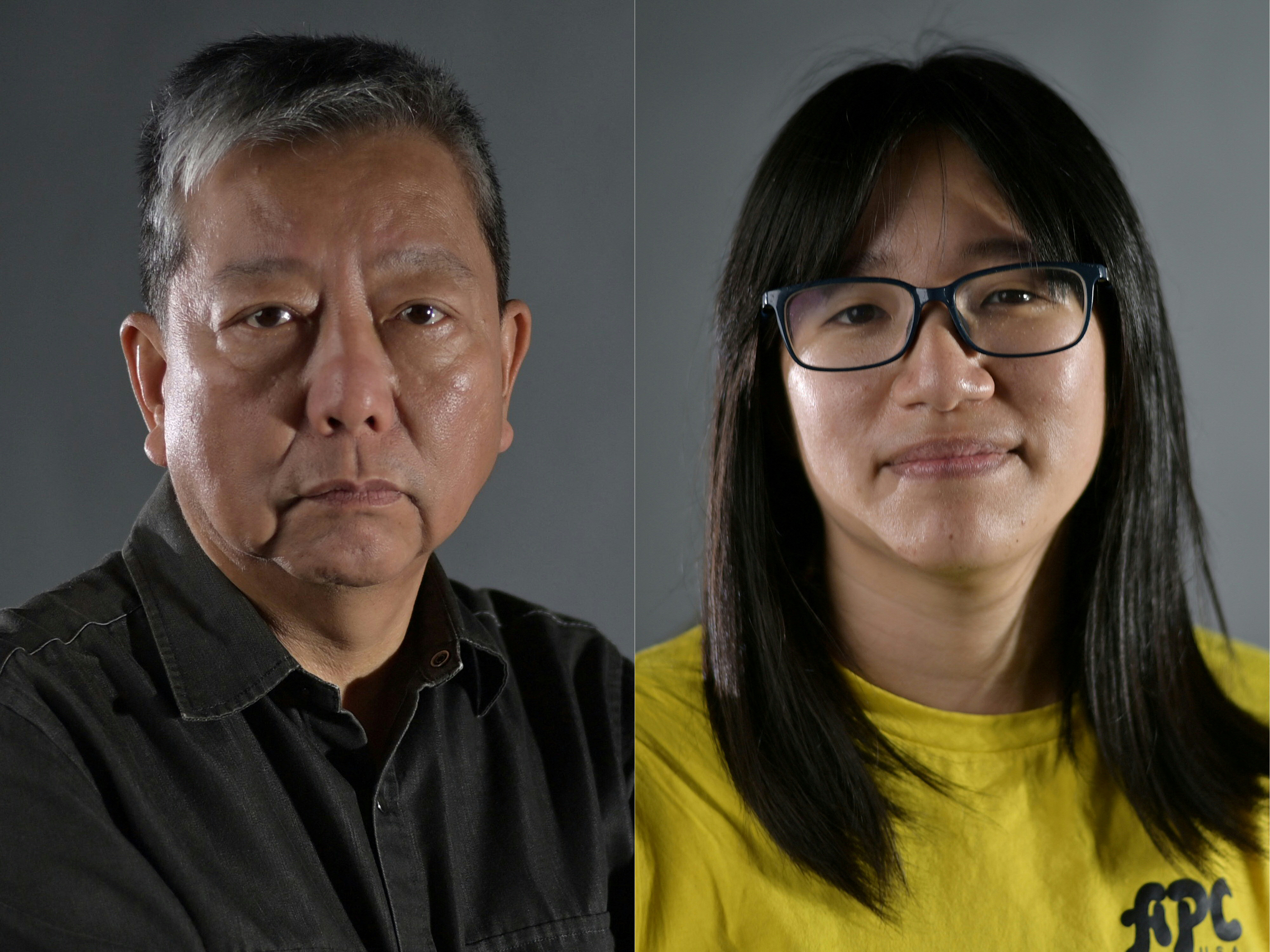 Hong Kong pro-democracy activists Lee Cheuk-yan, left, and Chow Hang-tung posing during photo sessions in Hong Kong on March 21, 2021.