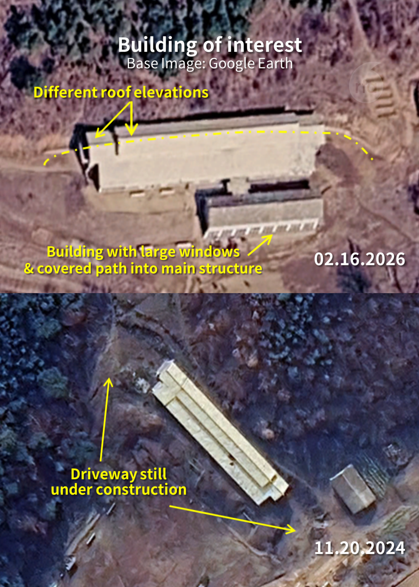 Satellite imagery showing two of the completed probable MLRS support buildings, highlighting the multiple roof elevations and driveway approaches common to each of the 21 buildings identified. Analyzed by Jacob Bogle